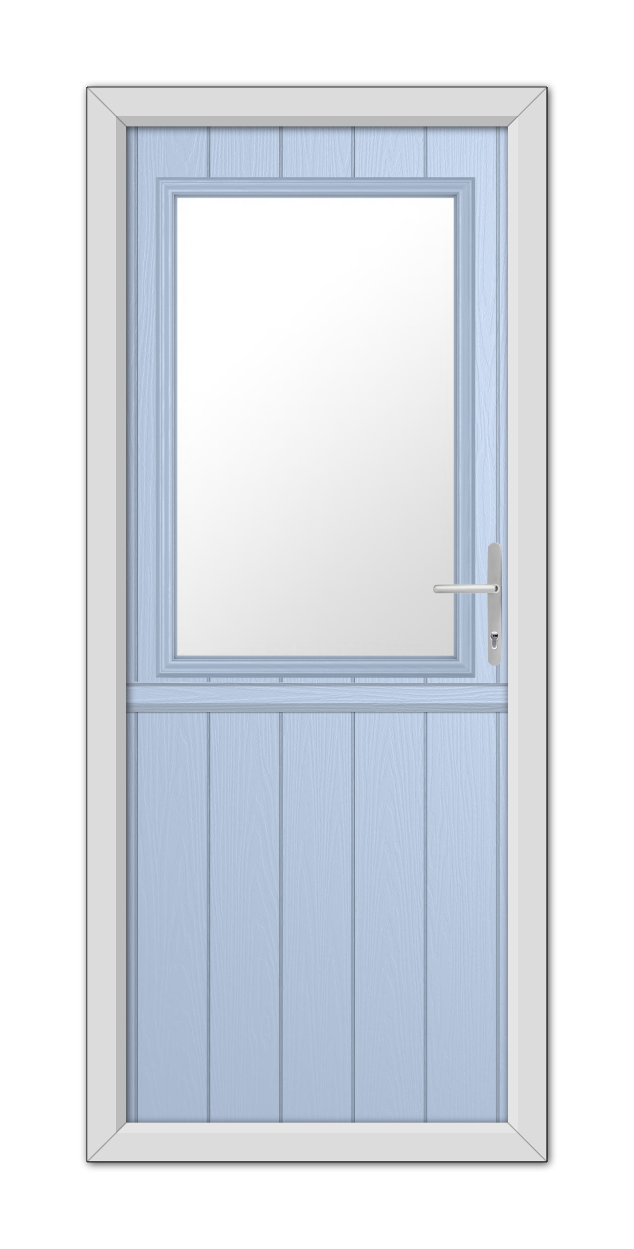 A closed Duck Egg Blue Clifton Stable Composite Door featuring a centered rectangular window with a white frame and a handle on the right side.
