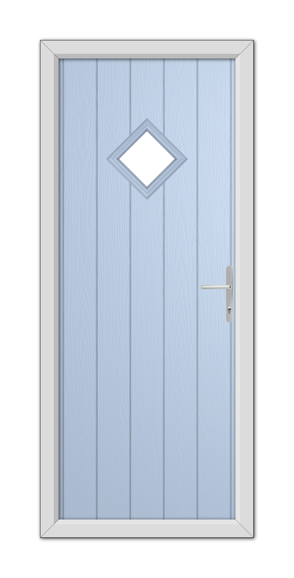 A Duck Egg Blue Cornwall Composite Door 48mm Timber Core with a diamond-shaped window and a modern silver handle, set in a white frame.