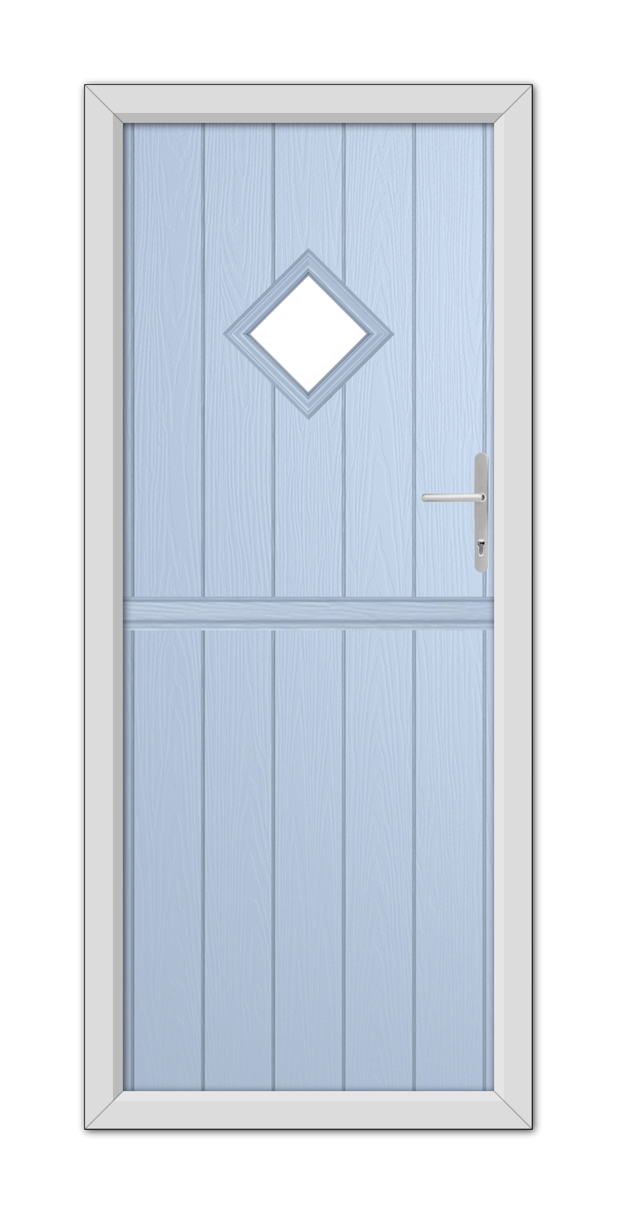 A Duck Egg Blue Cornwall Stable Composite Door with a small diamond-shaped window at the top and silver handle, set in a white frame.