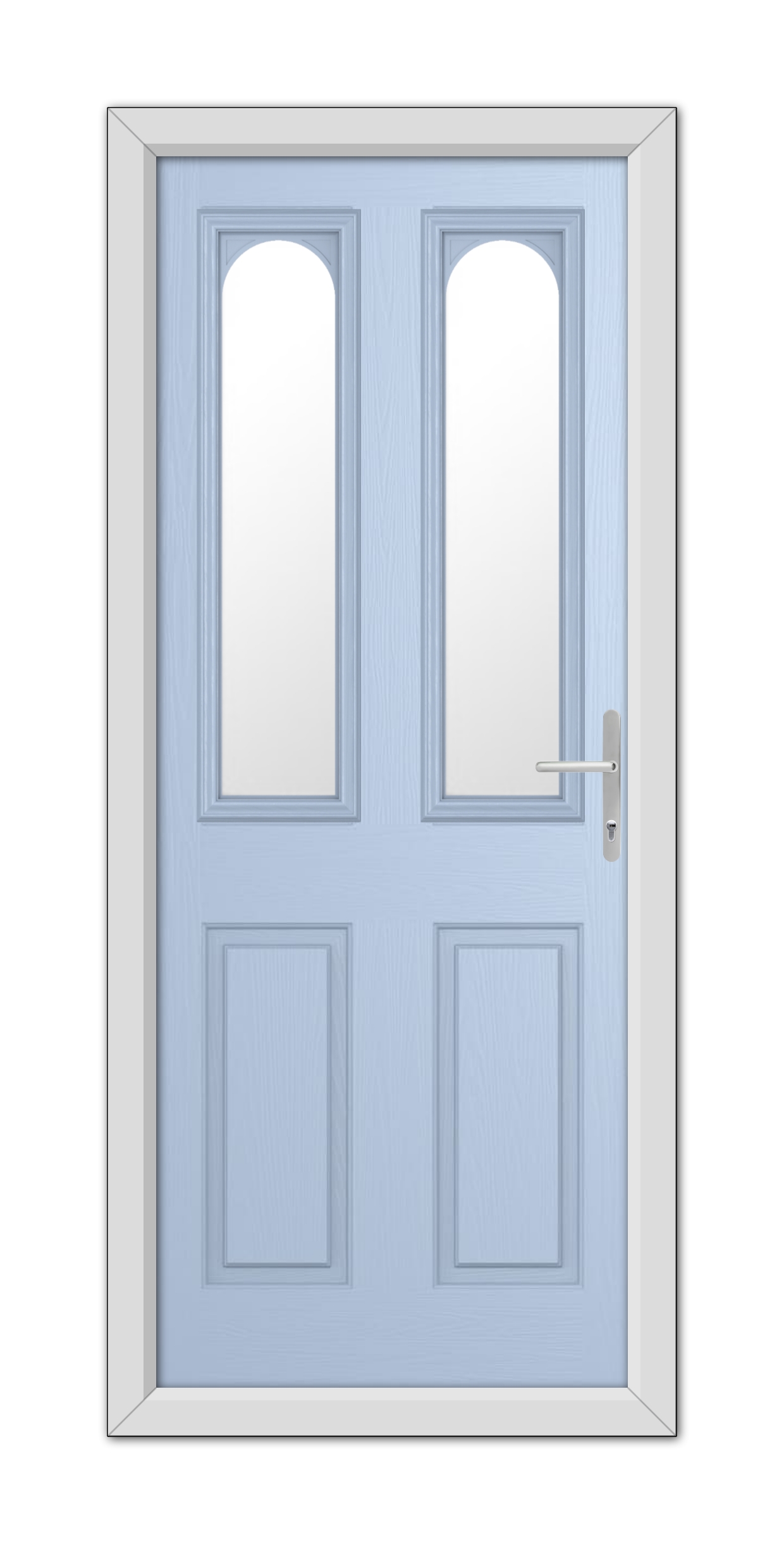 Duck Egg Blue Elmhurst Composite Door with oval glass windows and a silver handle, set in a white frame.