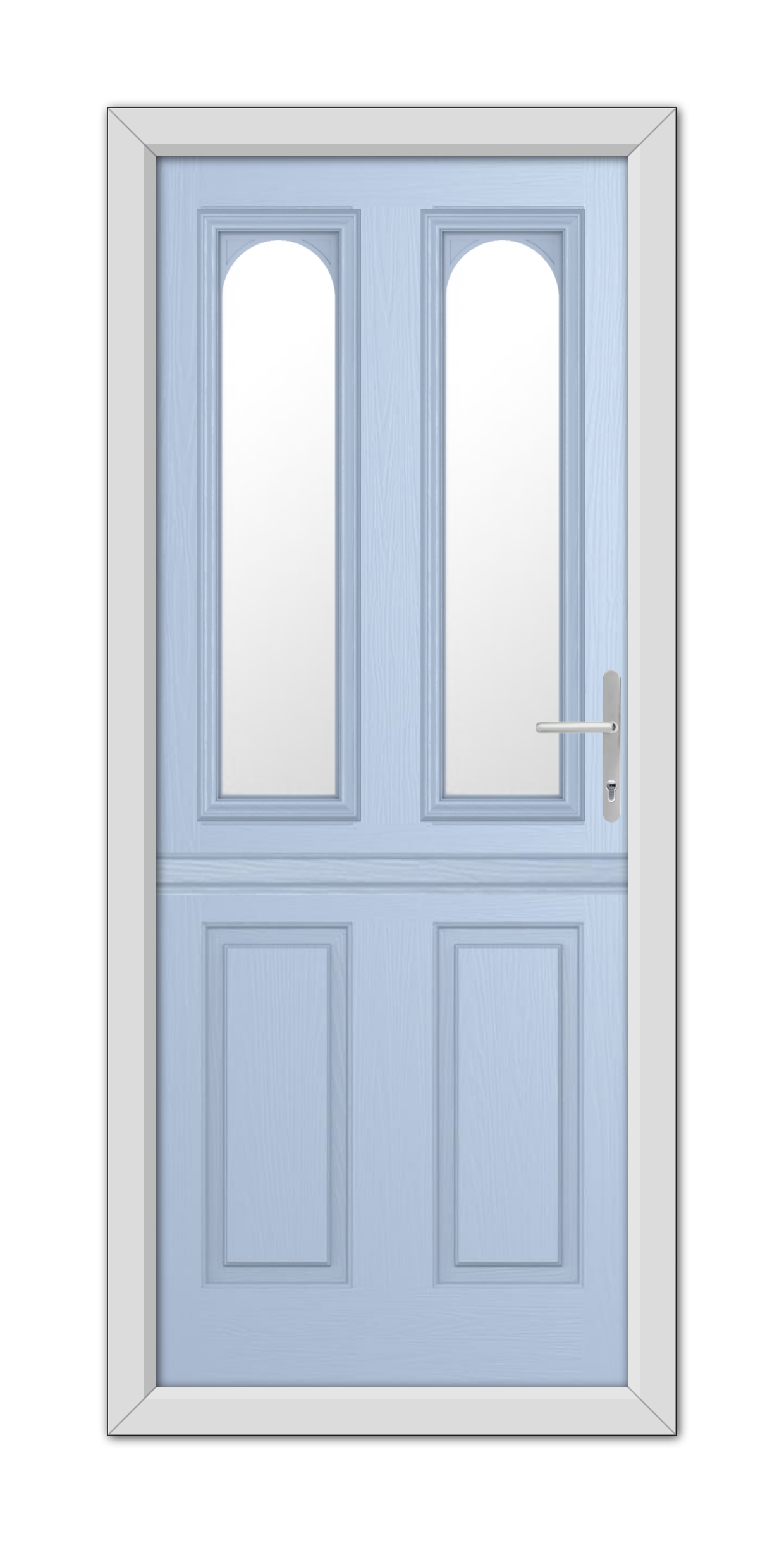 A Duck Egg Blue Elmhurst Stable Composite Door with long, narrow windows in each panel and a simple white handle, set within a white door frame.