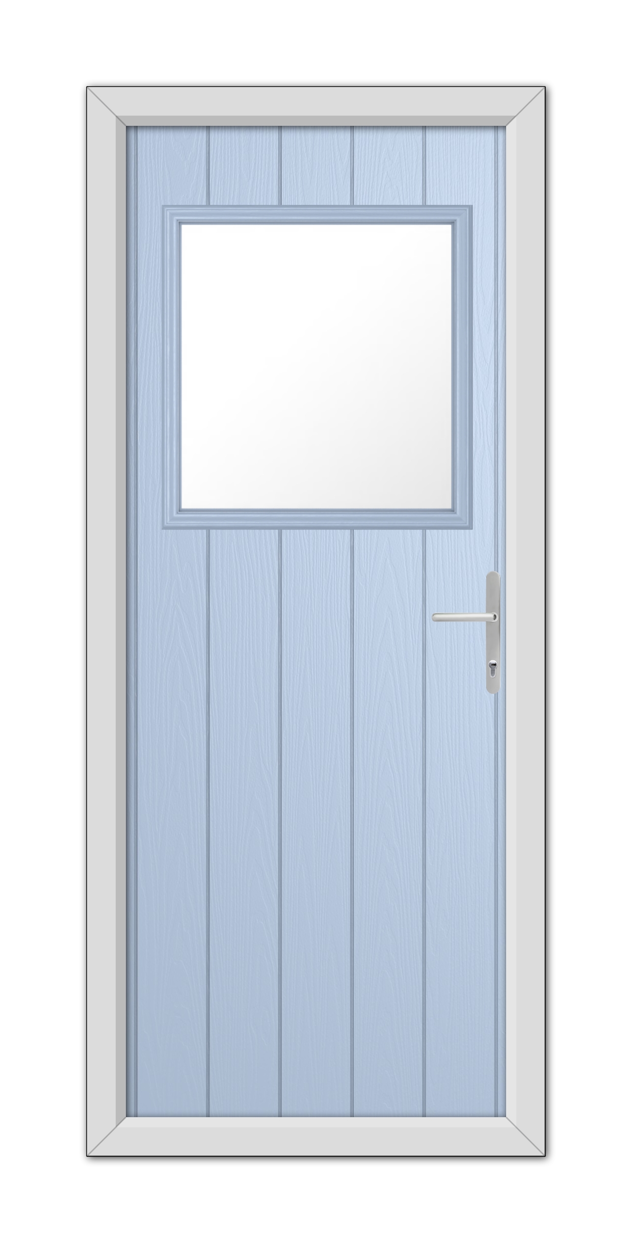 A Duck Egg Blue Fife Composite Door with a rectangular window at the top, surrounded by a white frame, and equipped with a metal handle on the right side.