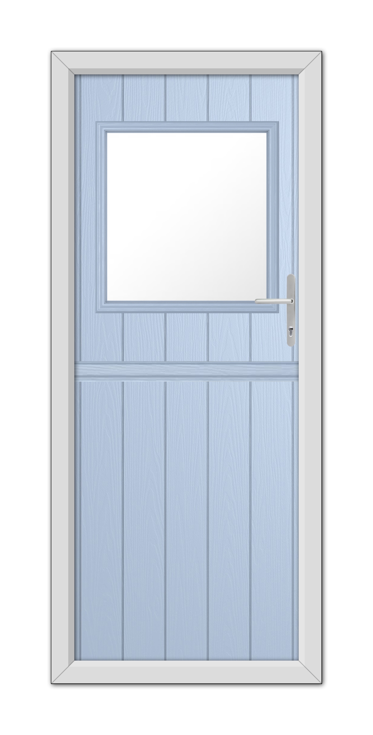 A modern Duck Egg Blue Fife Stable Composite Door featuring a large rectangular window at the top, a silver handle on the right side, and a white frame.