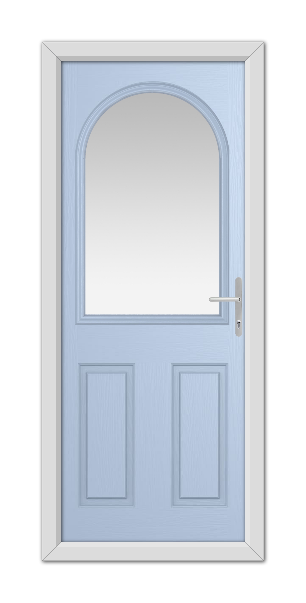 An illustration of a closed Duck Egg Blue Grafton Composite Door with an arched top, featuring a white frame and a modern handle on the right side.