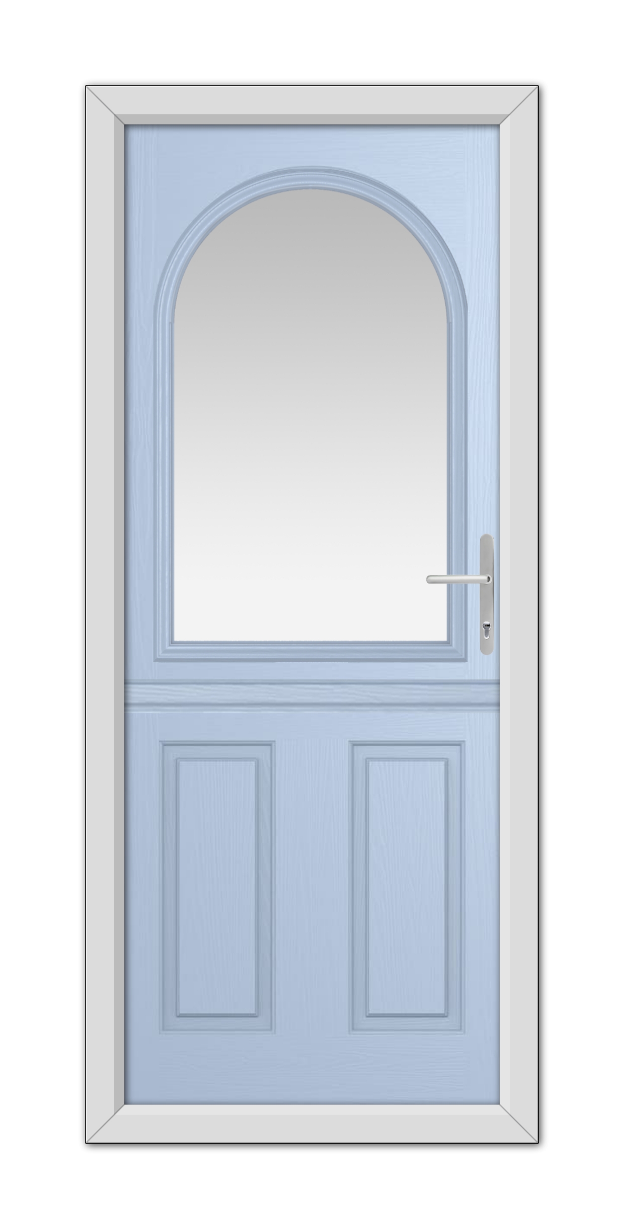 A Duck Egg Blue Grafton Stable Composite Door with an arched window at the top, set in a white frame, featuring a modern handle on the right side.