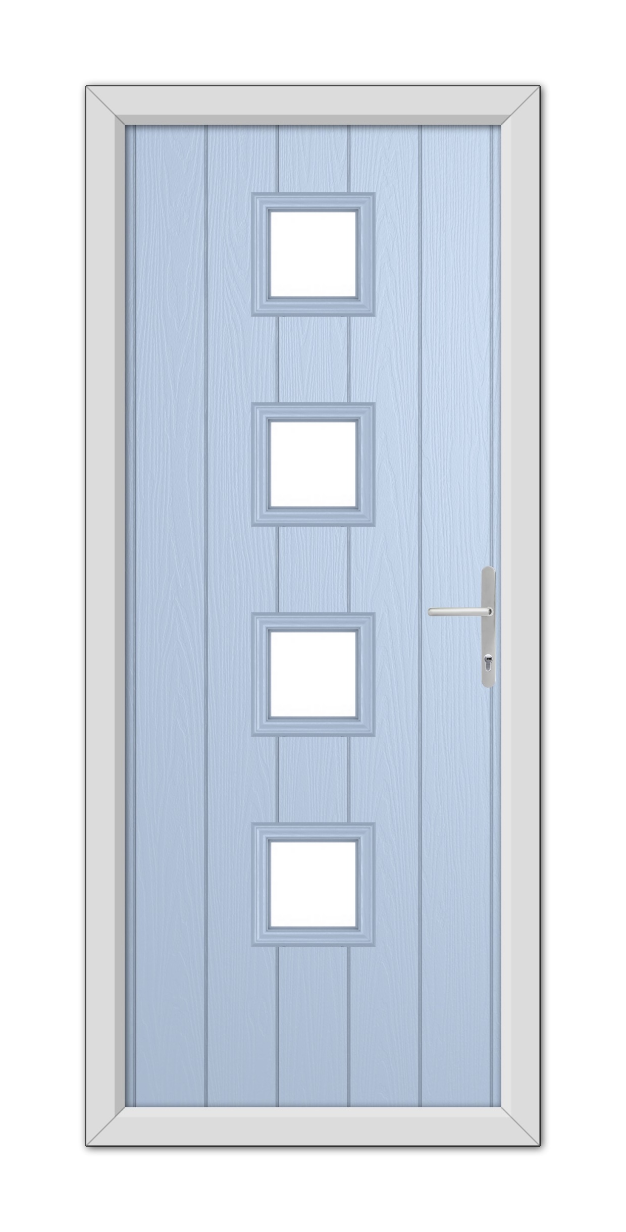 A modern Duck Egg Blue Hamilton Composite Door featuring four rectangular glass panels and a silver handle, set within a white frame.