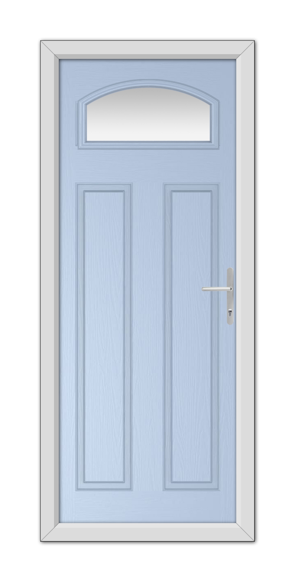 A Duck Egg Blue Harlington Composite Door with a semi-circular window at the top and a silver handle, set within a white frame.
