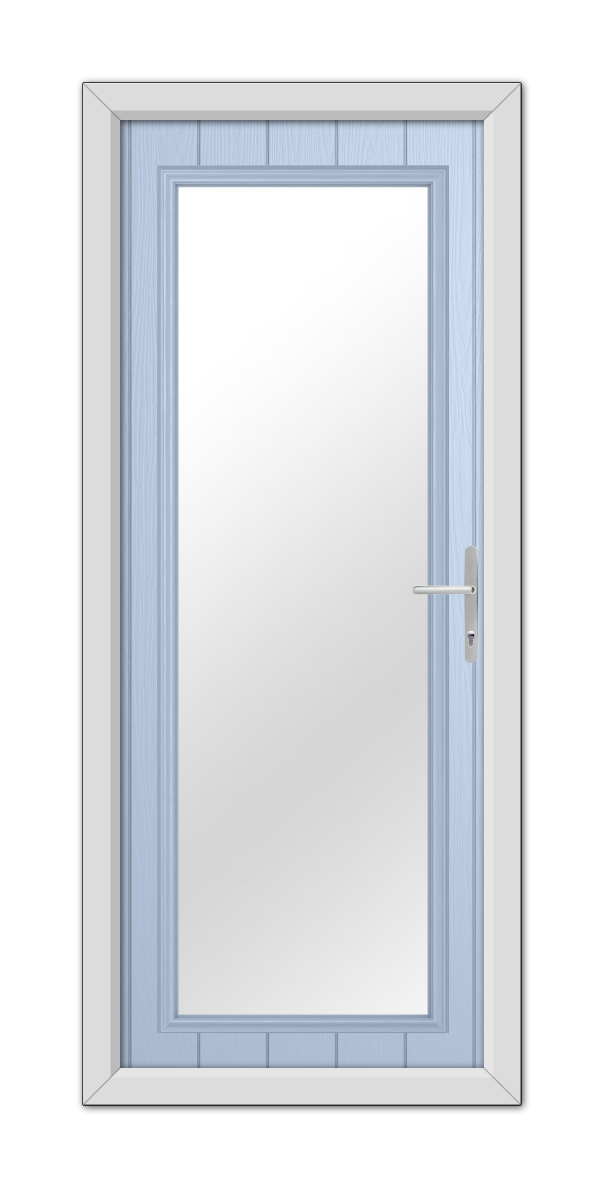 A Duck Egg Blue Hatton Composite Door 48mm Timber Core with a large vertical glass panel and a silver handle, set in a white frame.