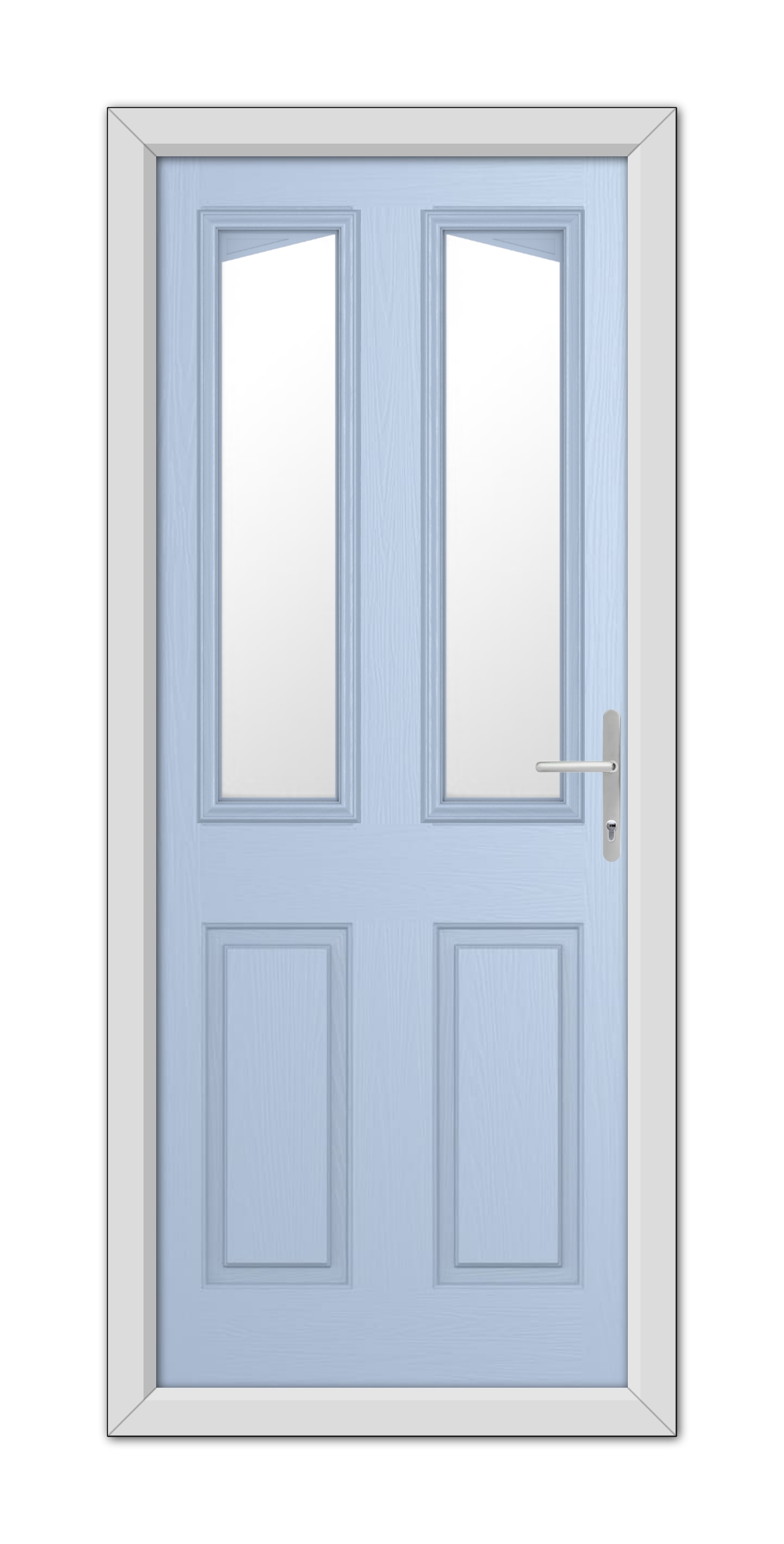 A Duck Egg Blue Highbury Composite Door 48mm Timber Core with glass panels on the upper half, a white doorframe, and a modern handle on the right.