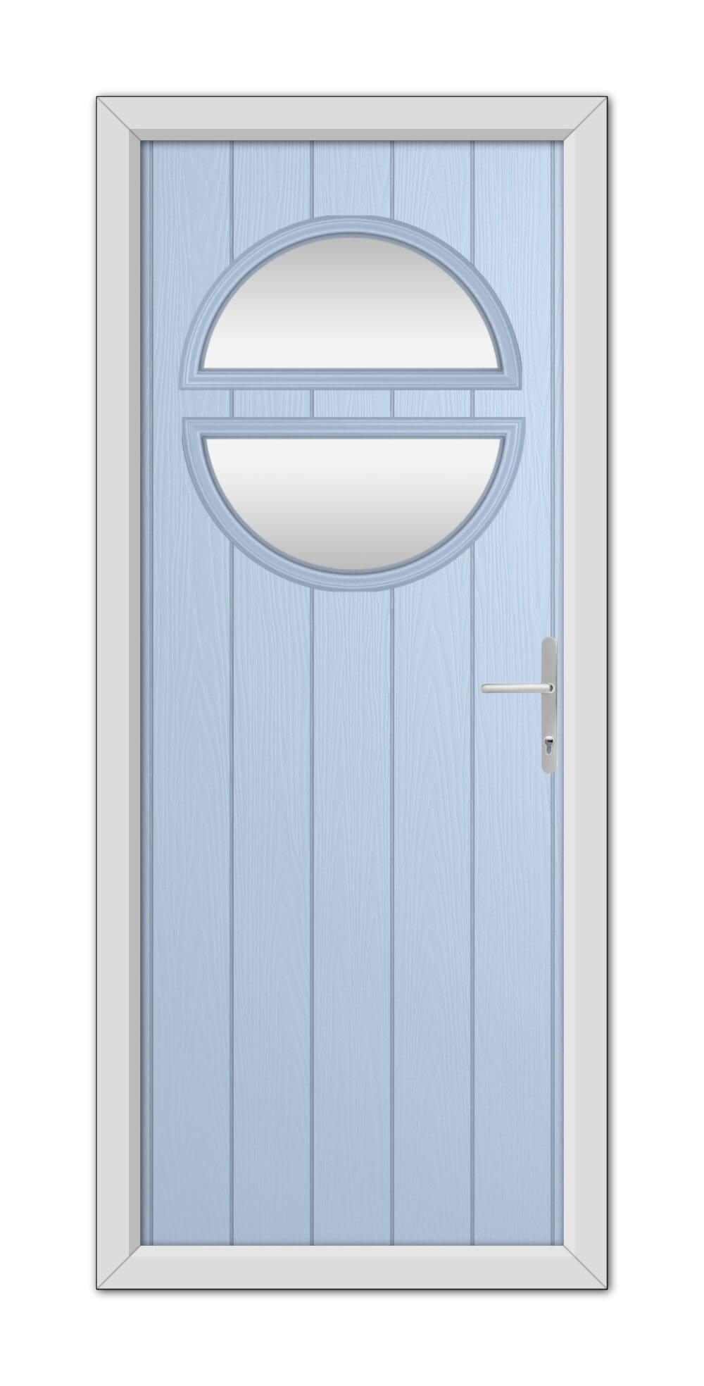 A Duck Egg Blue Kent Composite Door 48mm Timber Core with an elliptical window and a modern handle, set within a white frame.