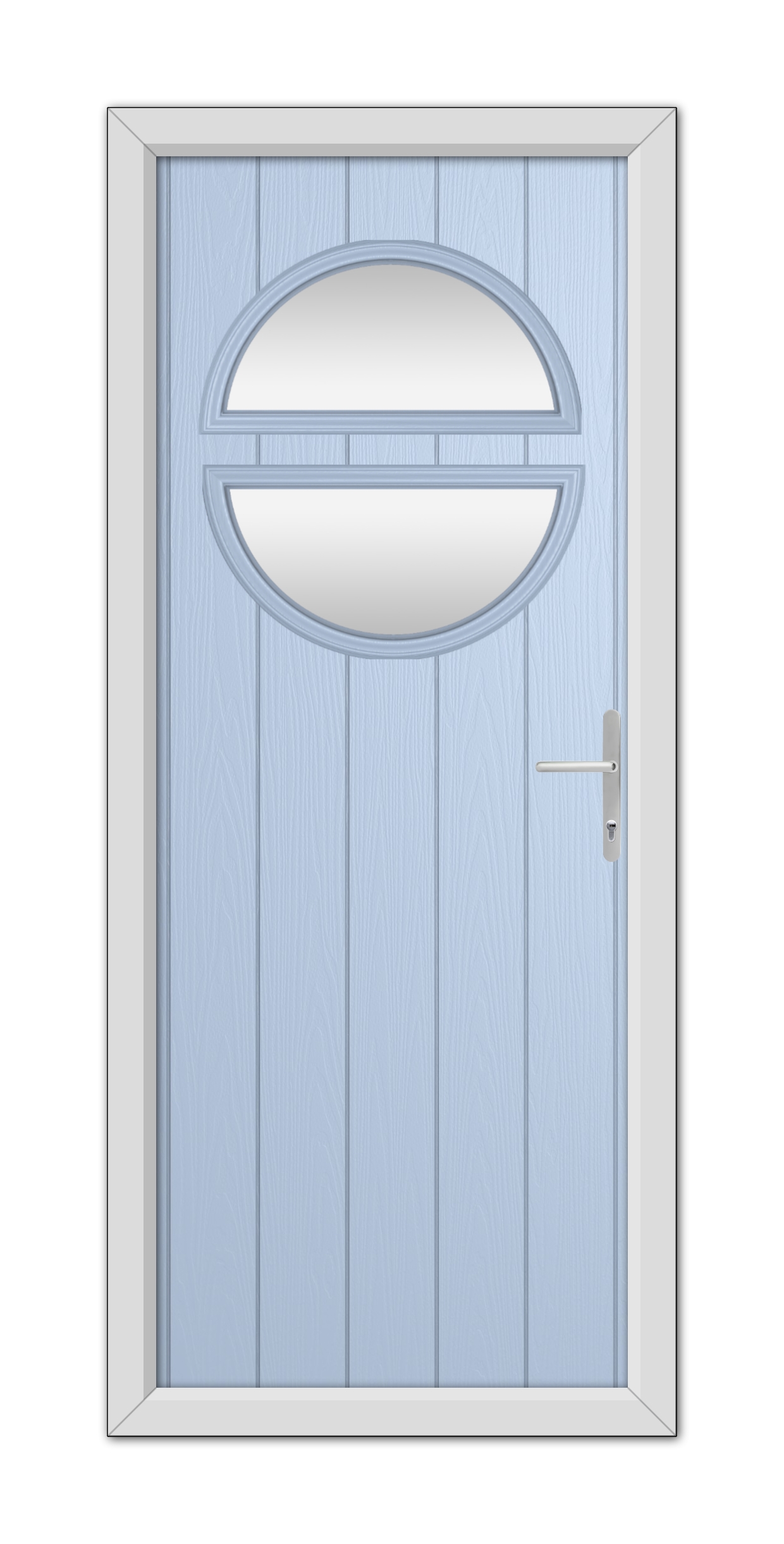 A Duck Egg Blue Kent Composite Door 48mm Timber Core with an elliptical window and a modern handle, set within a white frame.
