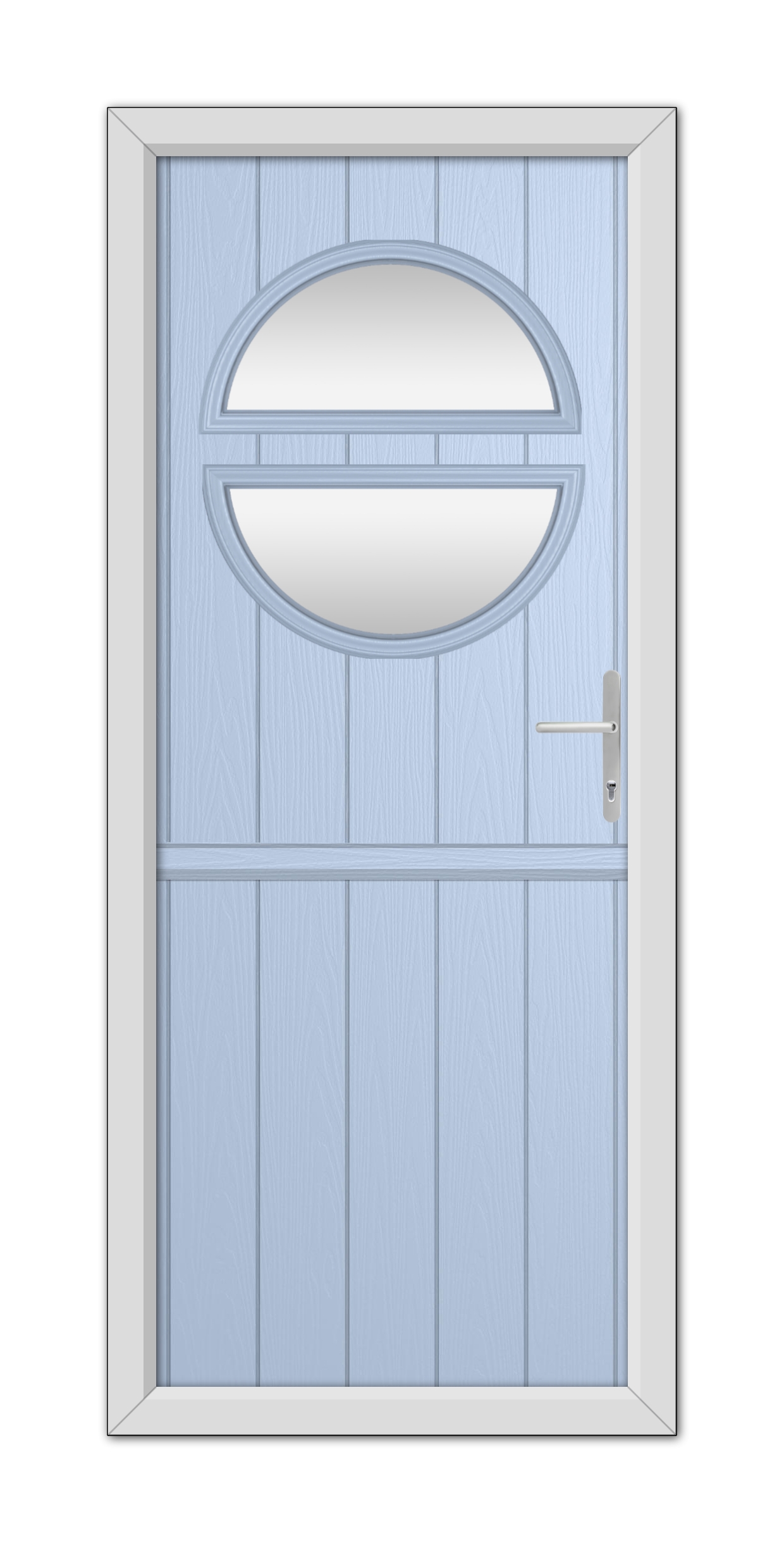 A Duck Egg Blue Kent Stable Composite Door featuring two horizontal oval glass panels and a modern handle, set within a white frame.