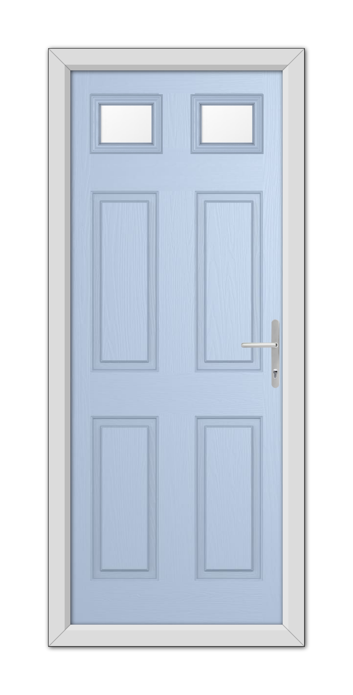 A Duck Egg Blue Middleton Glazed 2 Composite Door featuring six panels and three small square windows at the top, complete with a metal handle on the right side.