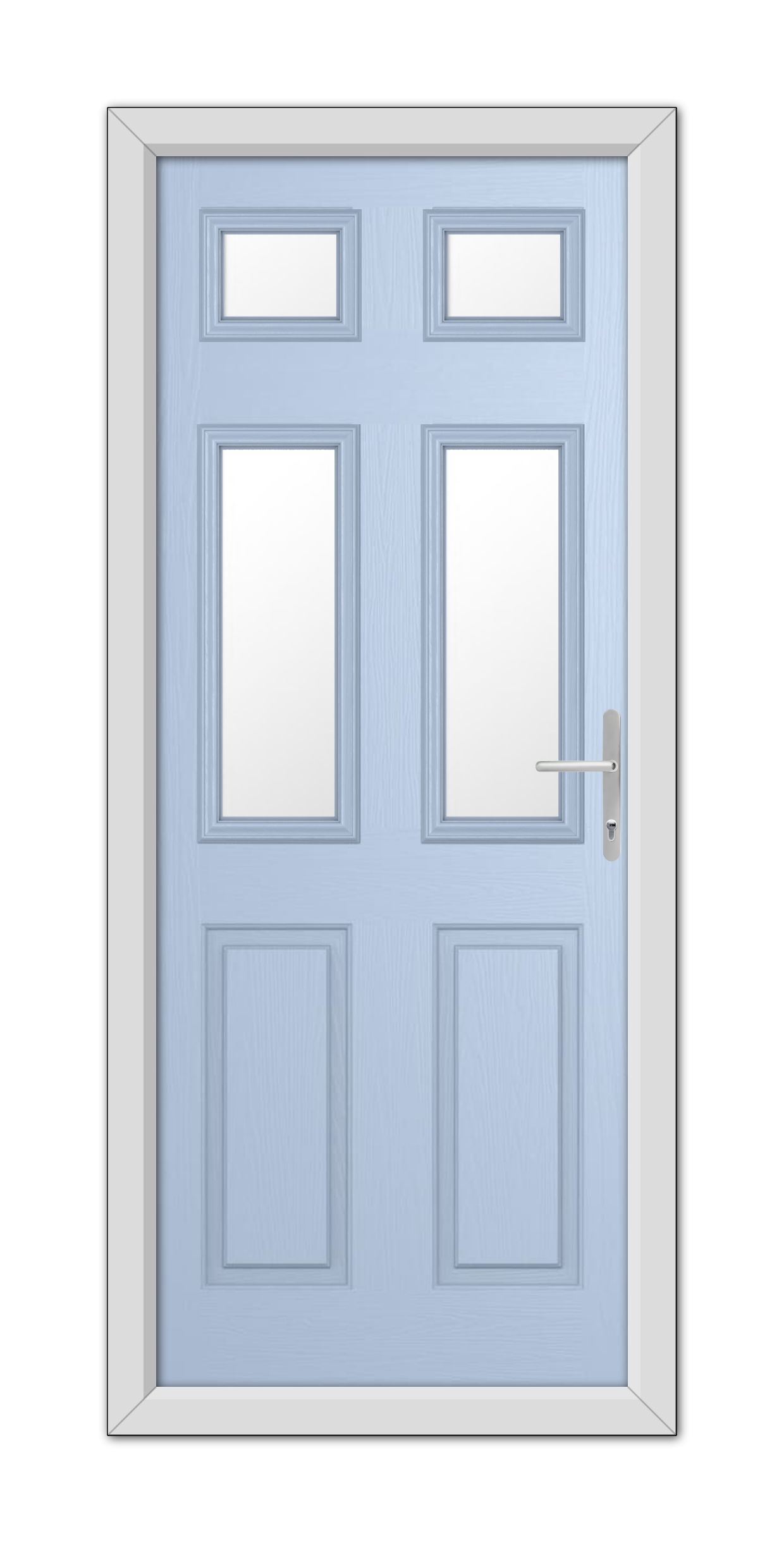 A Duck Egg Blue Middleton Glazed 4 Composite door with three rectangular frosted glass panels and a modern silver handle, set in a white frame.