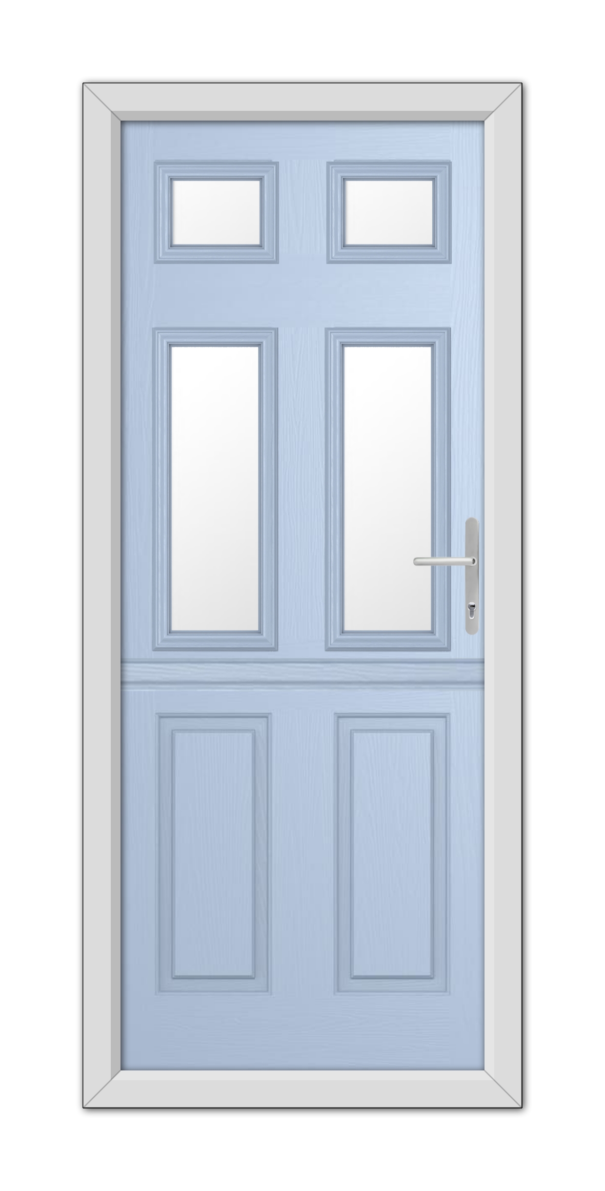 A Duck Egg Blue Middleton Glazed 4 Stable Composite Door 48mm Timber Core with four panels and three small square windows, framed in white, equipped with a silver handle.