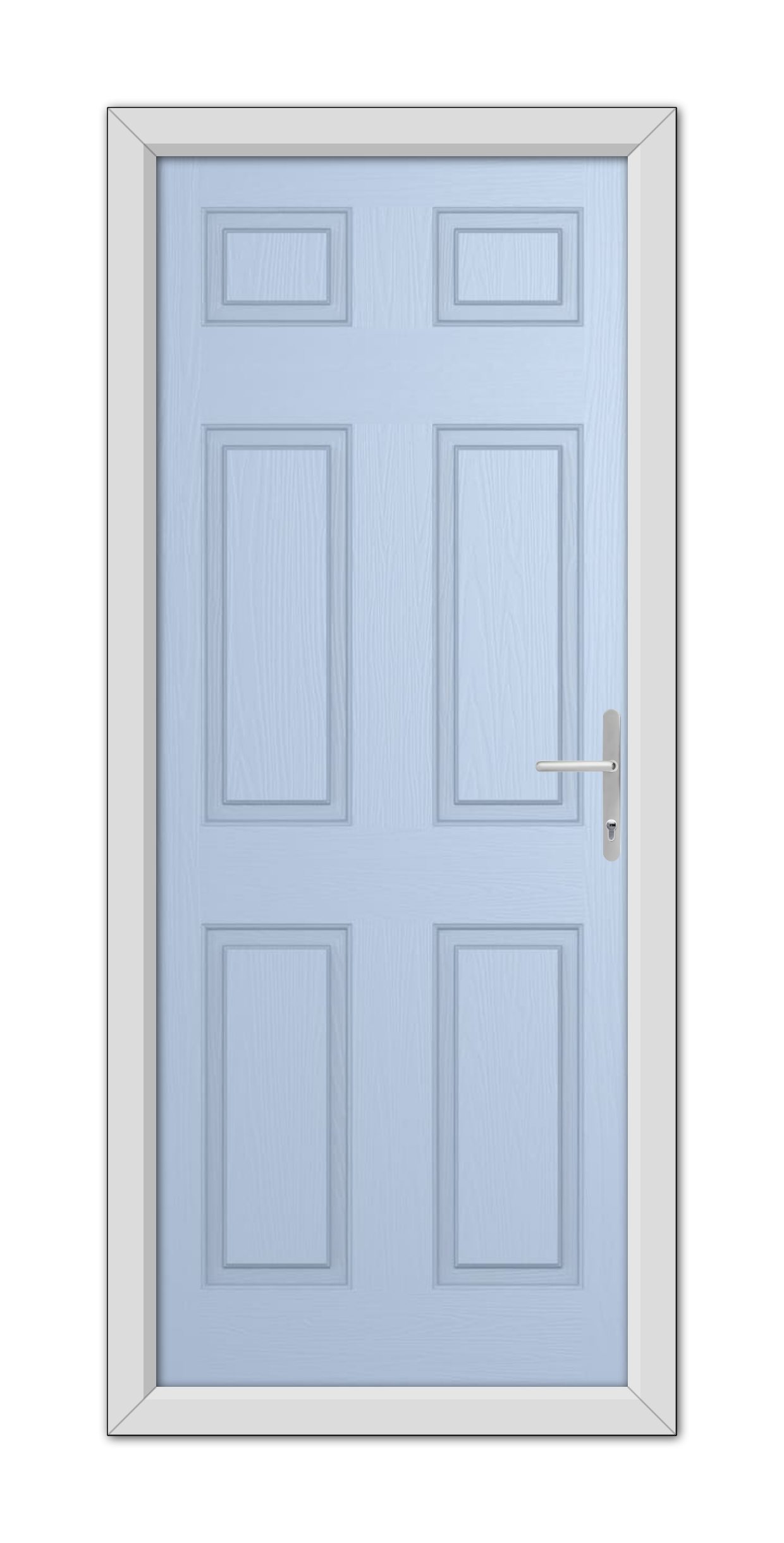 A closed Duck Egg Blue Middleton Solid Composite Door with six panels and a silver handle, set within a white frame.