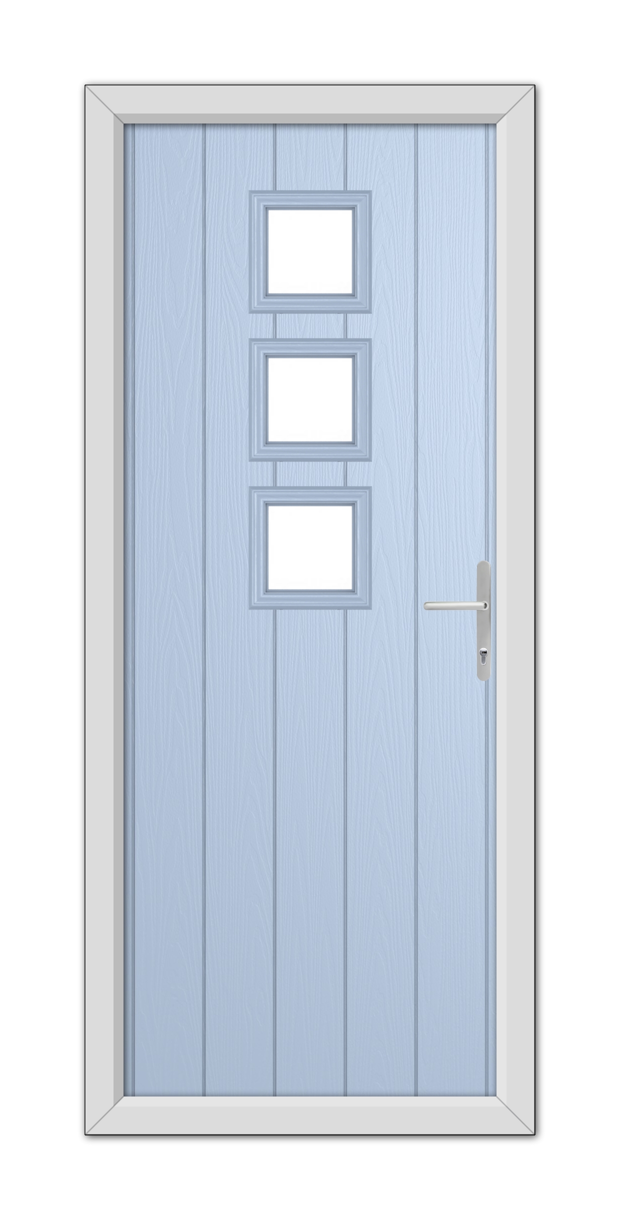 A closed Duck Egg Blue Montrose Composite Door featuring three square glass panels, set in a white frame with a metallic handle on the right side.