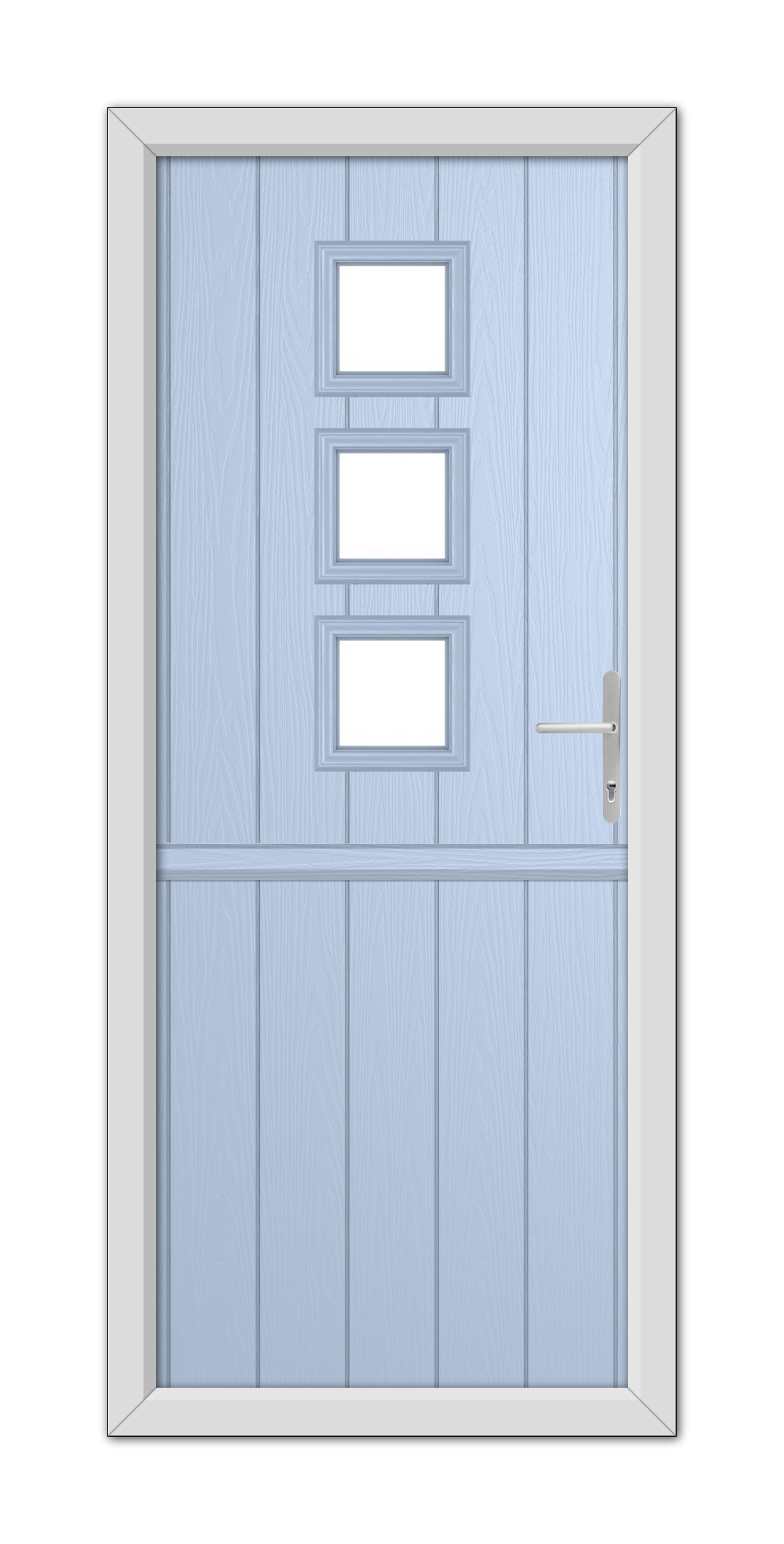 A Duck Egg Blue Montrose Stable Composite Door featuring three square windows and a metal handle, set within a white frame.