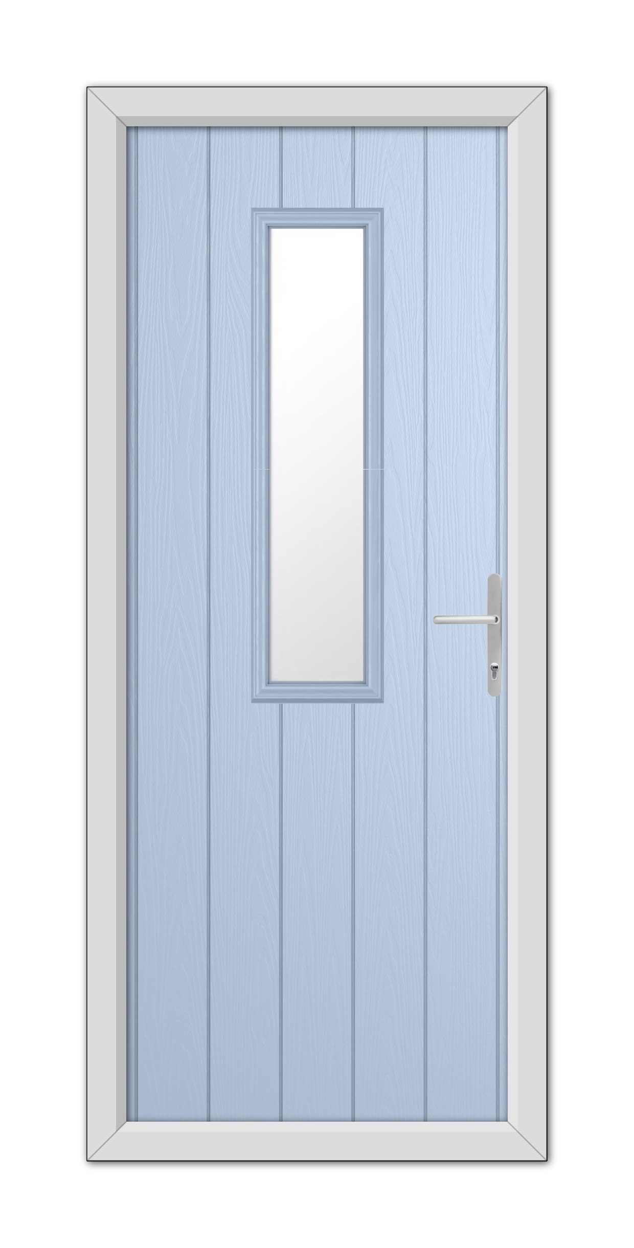 A Duck Egg Blue Mowbray Composite Door 48mm Timber Core with a vertical rectangular window and a silver handle, set within a white door frame.