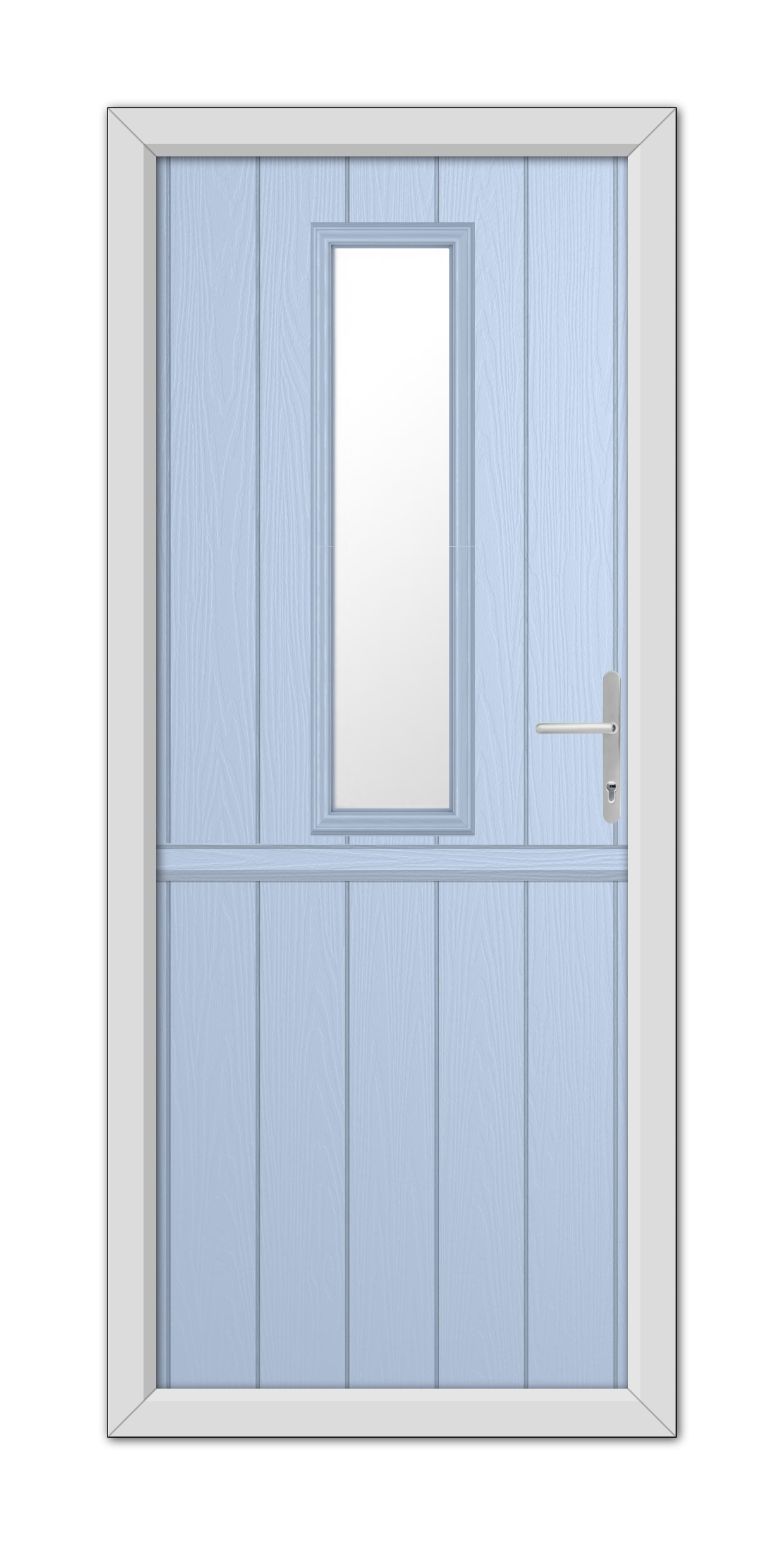 A Duck Egg Blue Mowbray Stable Composite Door 48mm Timber Core with a vertical rectangular window in the upper half, featuring a chrome door handle on the right side.