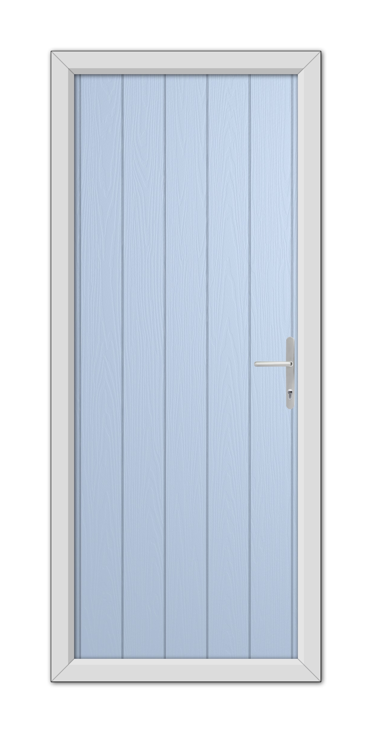 A Duck Egg Blue Norfolk Solid Composite Door with a silver handle, set within a white door frame.