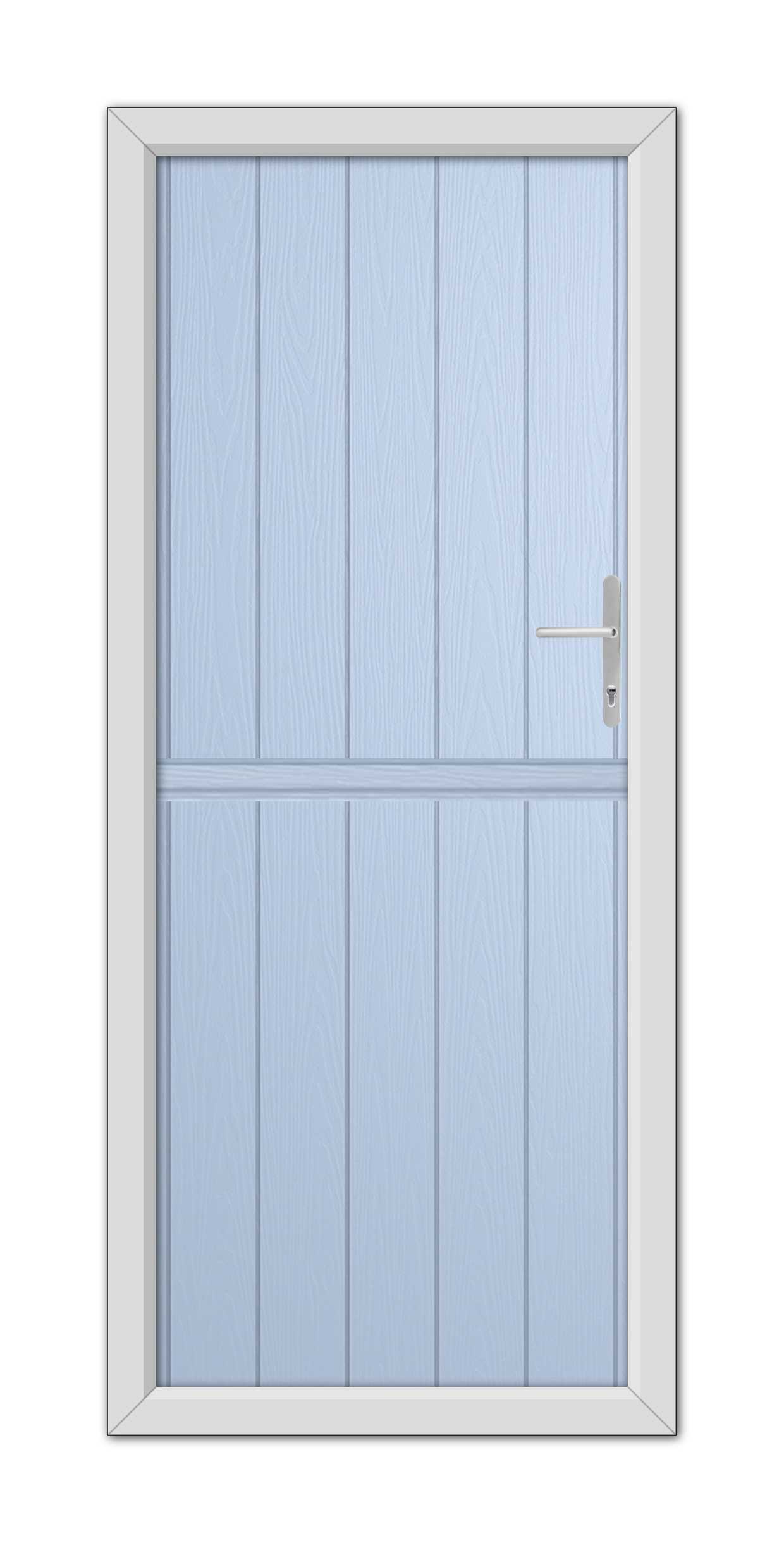 A Duck Egg Blue Norfolk Solid Stable Composite Door 48mm Timber Core with a metal handle, set within a white frame, featuring a horizontal window at its upper half.