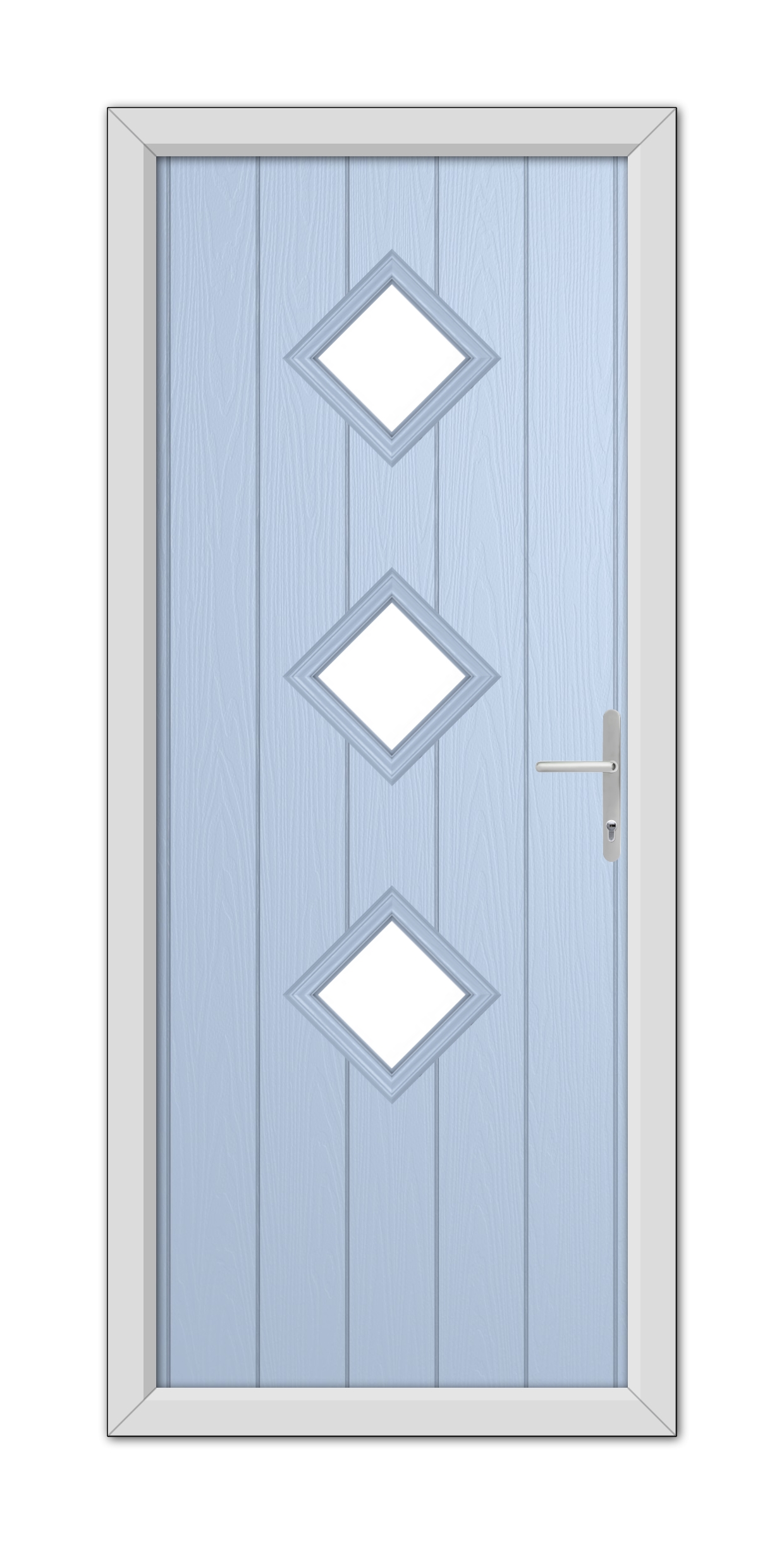 A Duck Egg Blue Richmond Composite Door 48mm Timber Core with a modern design featuring three diamond-shaped glass panels and a metallic handle on the right side.
