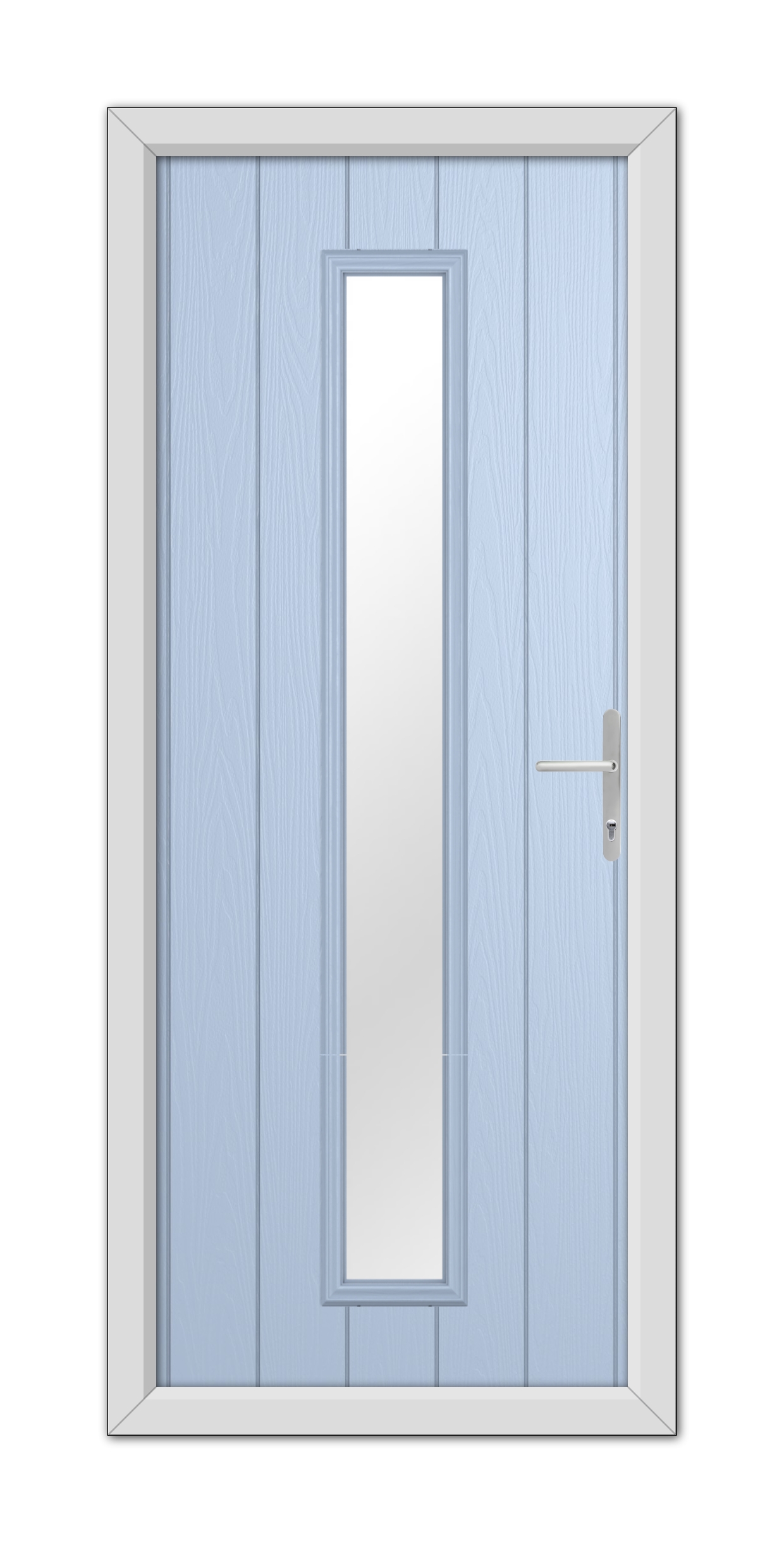 A Duck Egg Blue Rutland Composite Door 48mm Timber Core with a vertical glass panel and modern silver handle, set within a white frame.