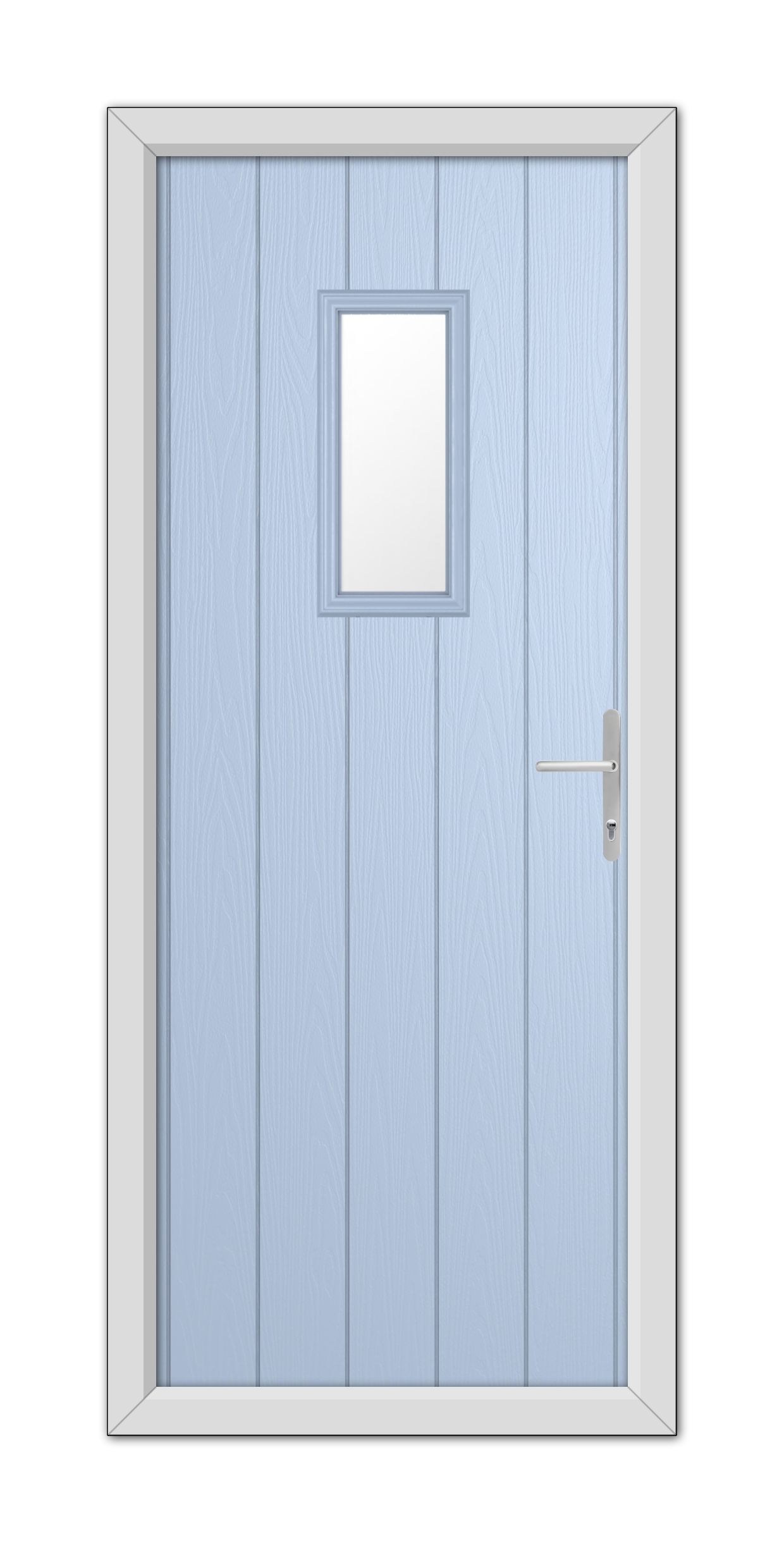 A Duck Egg Blue Somerset Composite Door 48mm Timber Core with a square window, encased in a white frame and equipped with a silver handle, set against a white background.