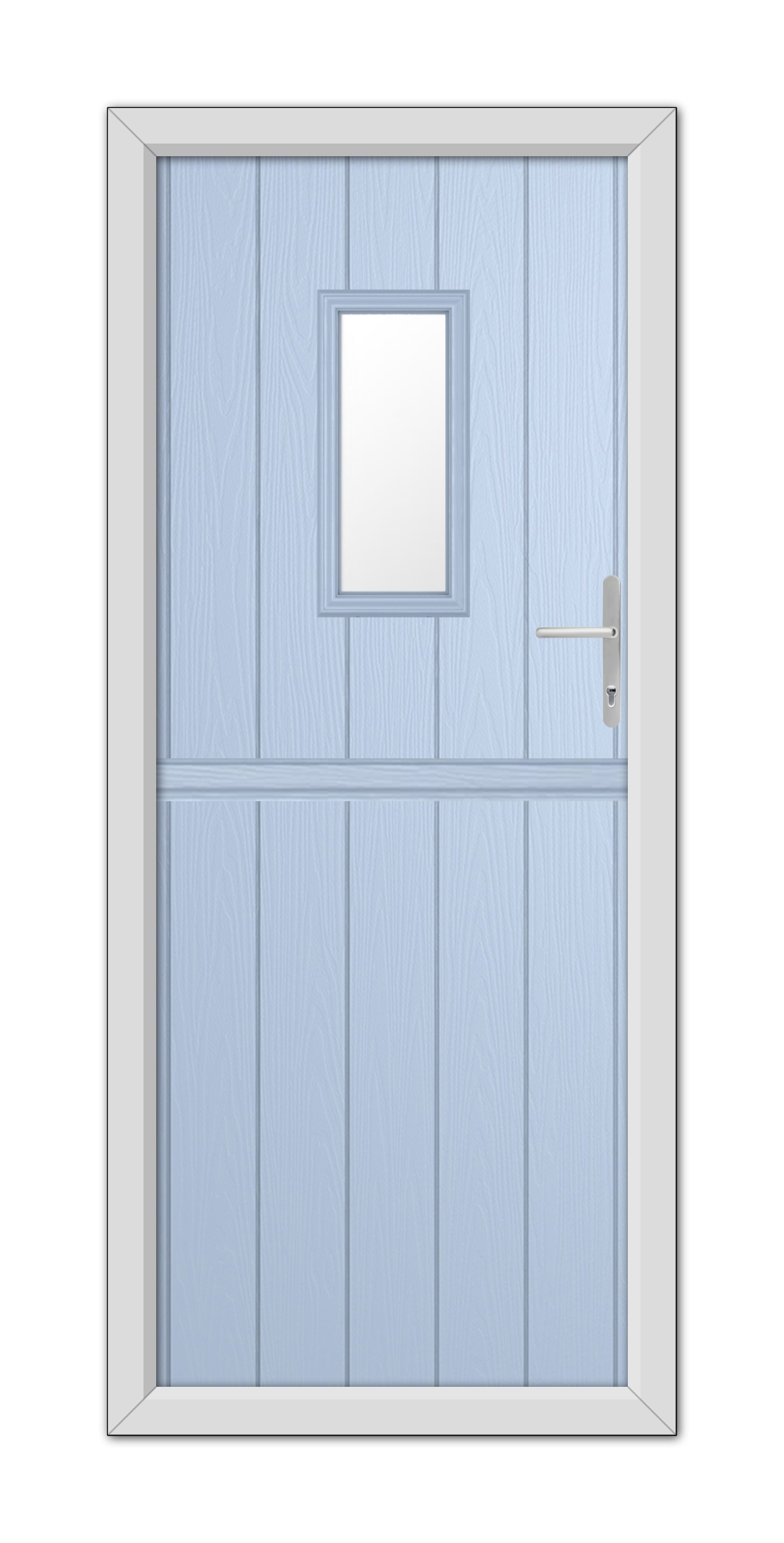 Duck Egg Blue Somerset Stable Composite Door with a small square window and silver handle, set in a white frame.