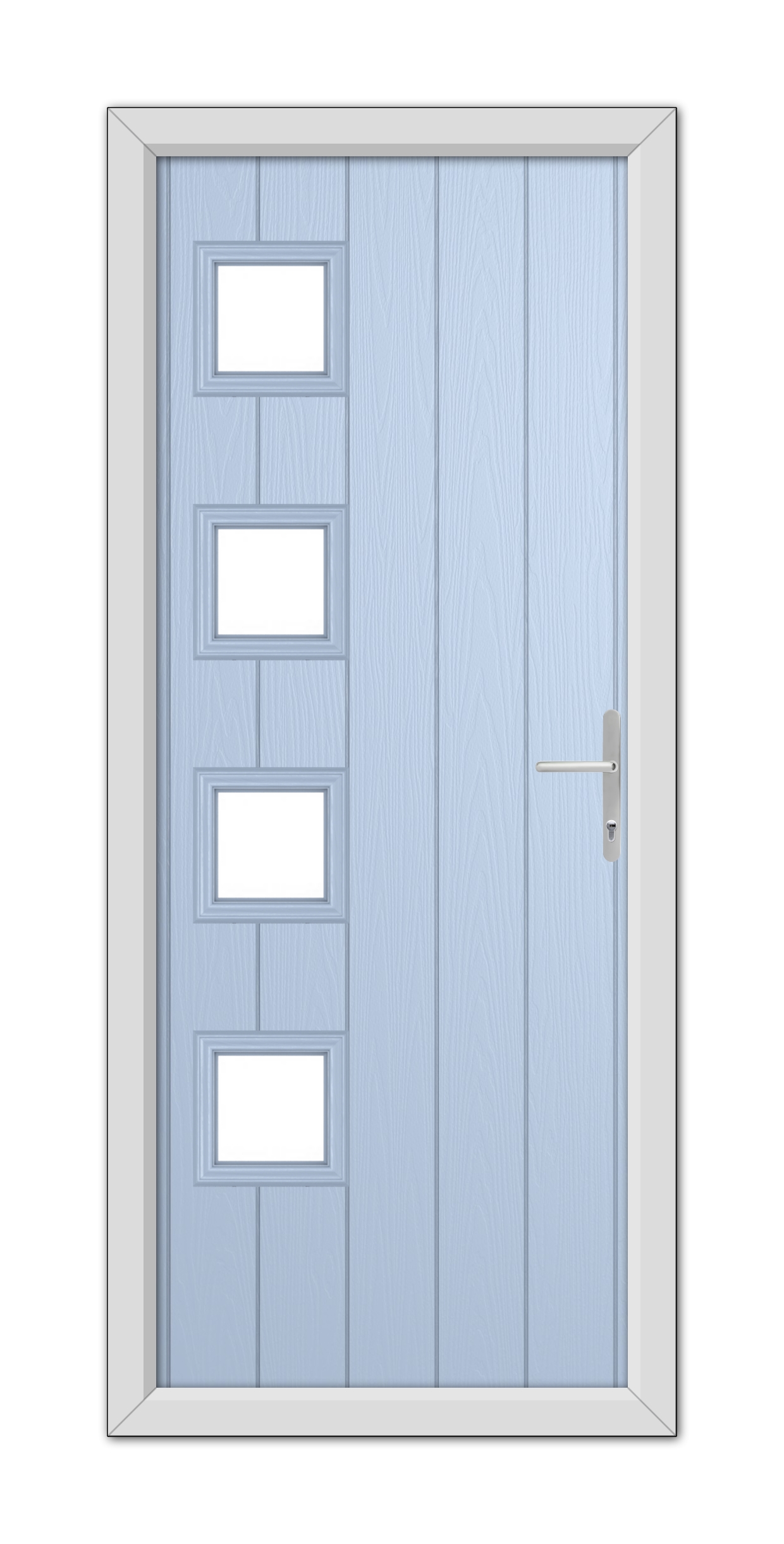 A modern Duck Egg Blue Sussex Composite Door 48mm Timber Core with four rectangular glass panels aligned vertically and a metallic handle on the right, set within a white frame.