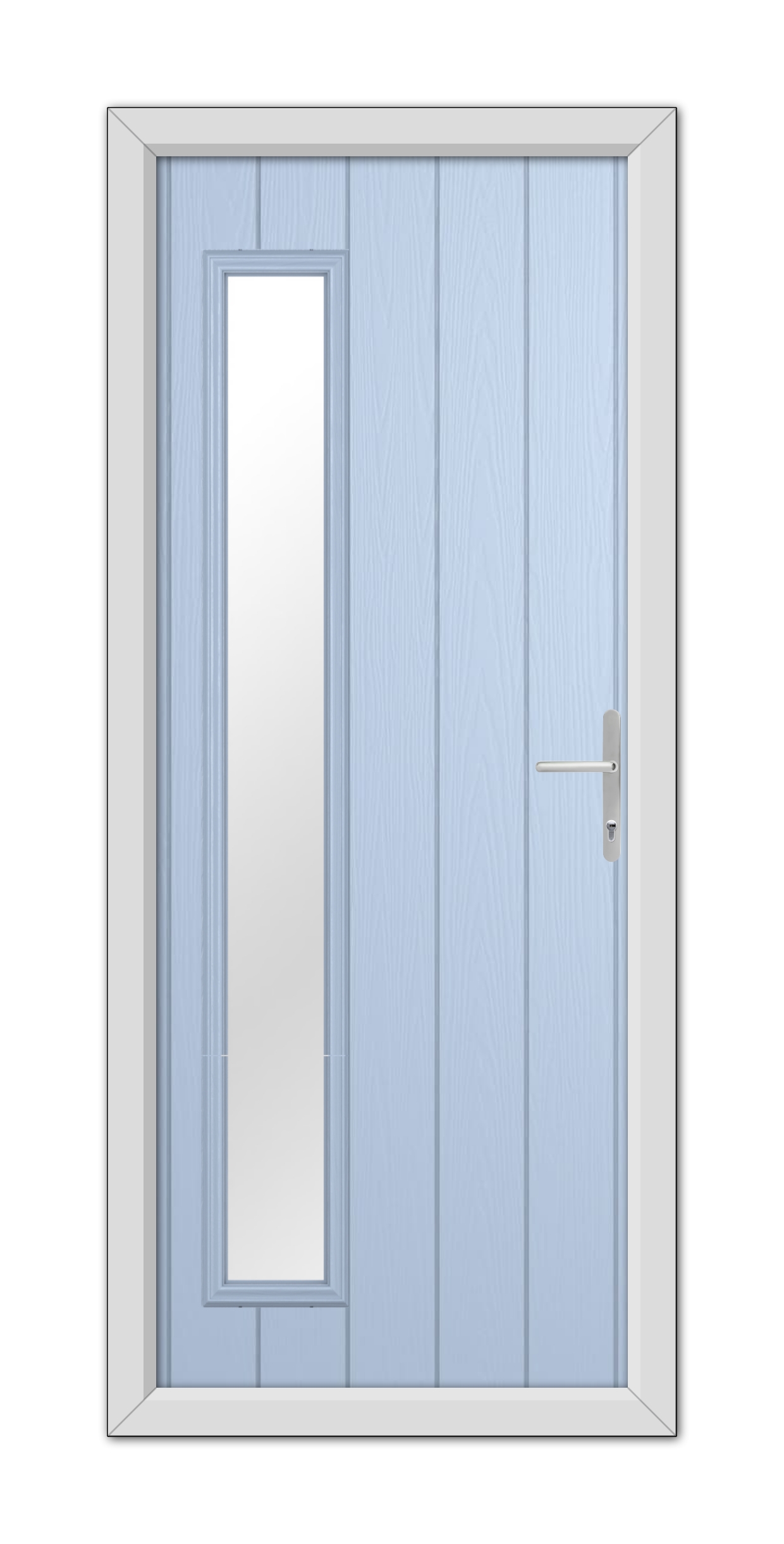 A Duck Egg Blue Sutherland Composite Door 48mm Timber Core with a vertical rectangular window and a silver handle, set within a white frame.