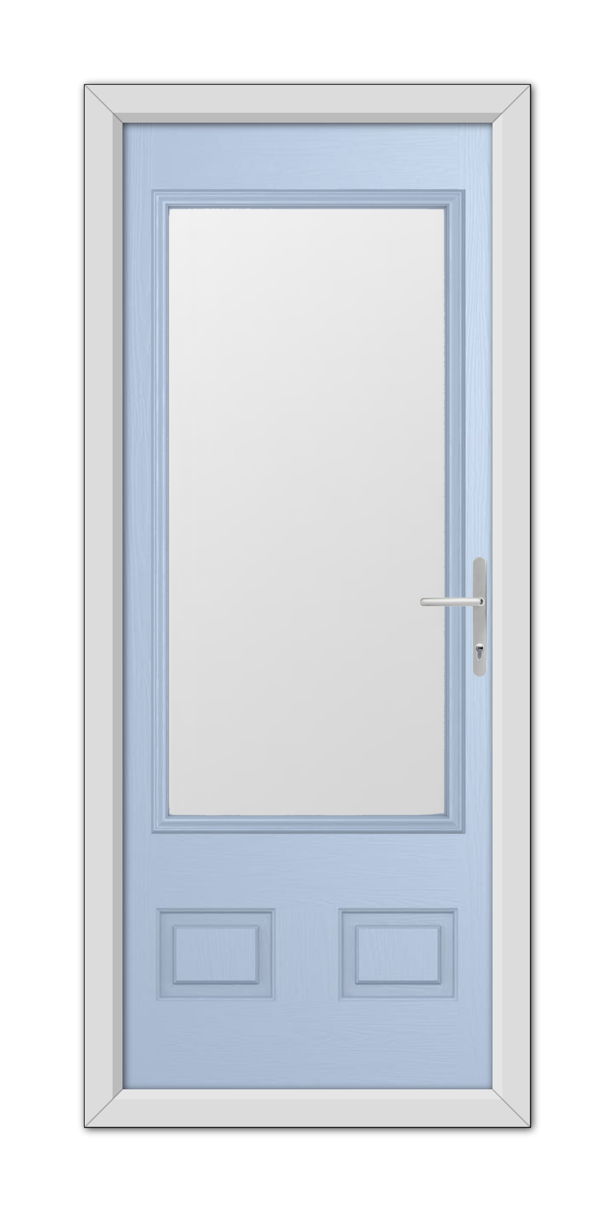 A modern Duck Egg Blue Walcot Composite Door with a rectangular design and a white handle, set within a white frame, isolated on a white background.