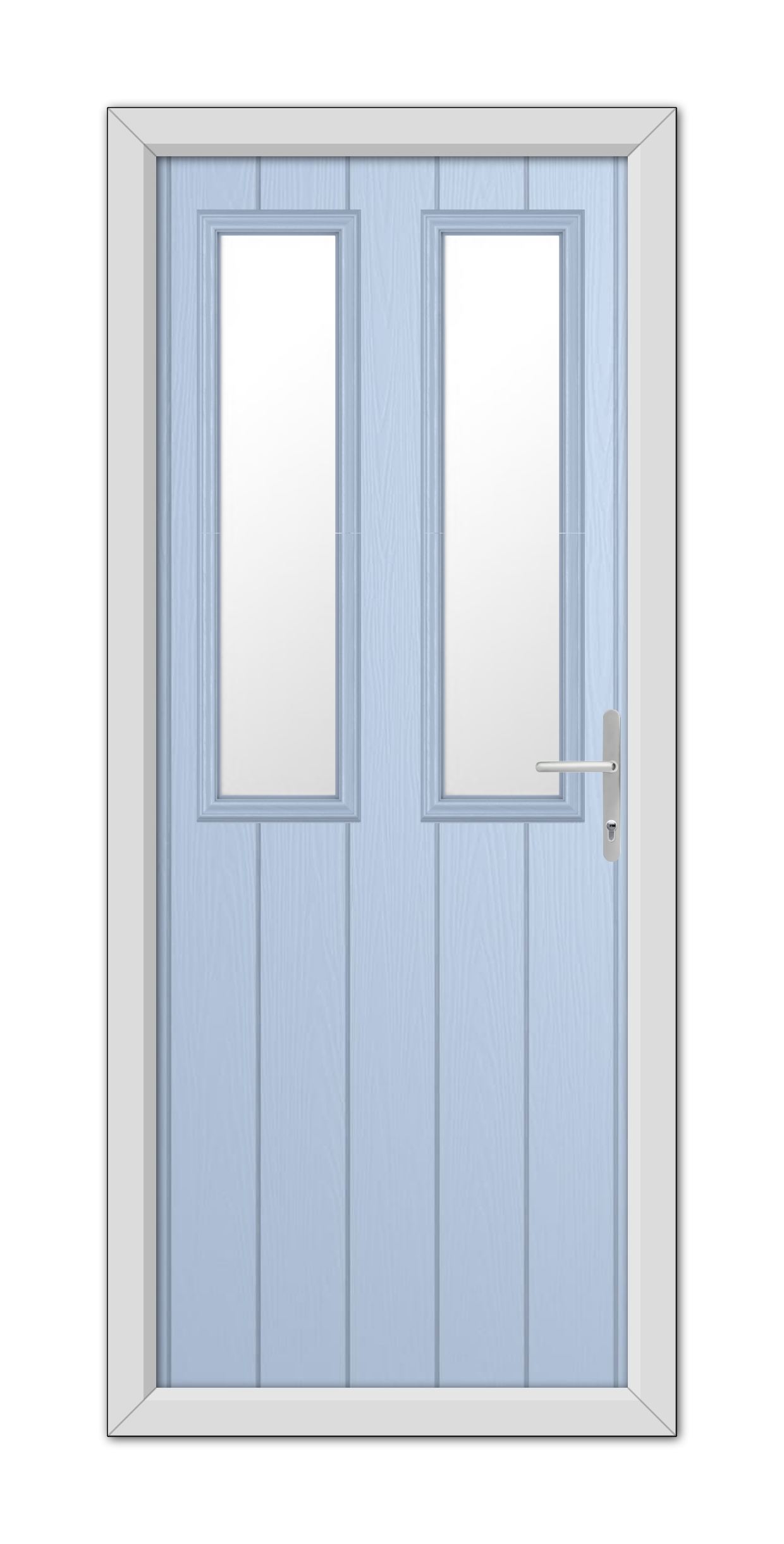 A modern double door with a Duck Egg Blue Wellington Composite Door 48mm Timber Core texture and rectangular glass panels, featuring a silver handle on the right.