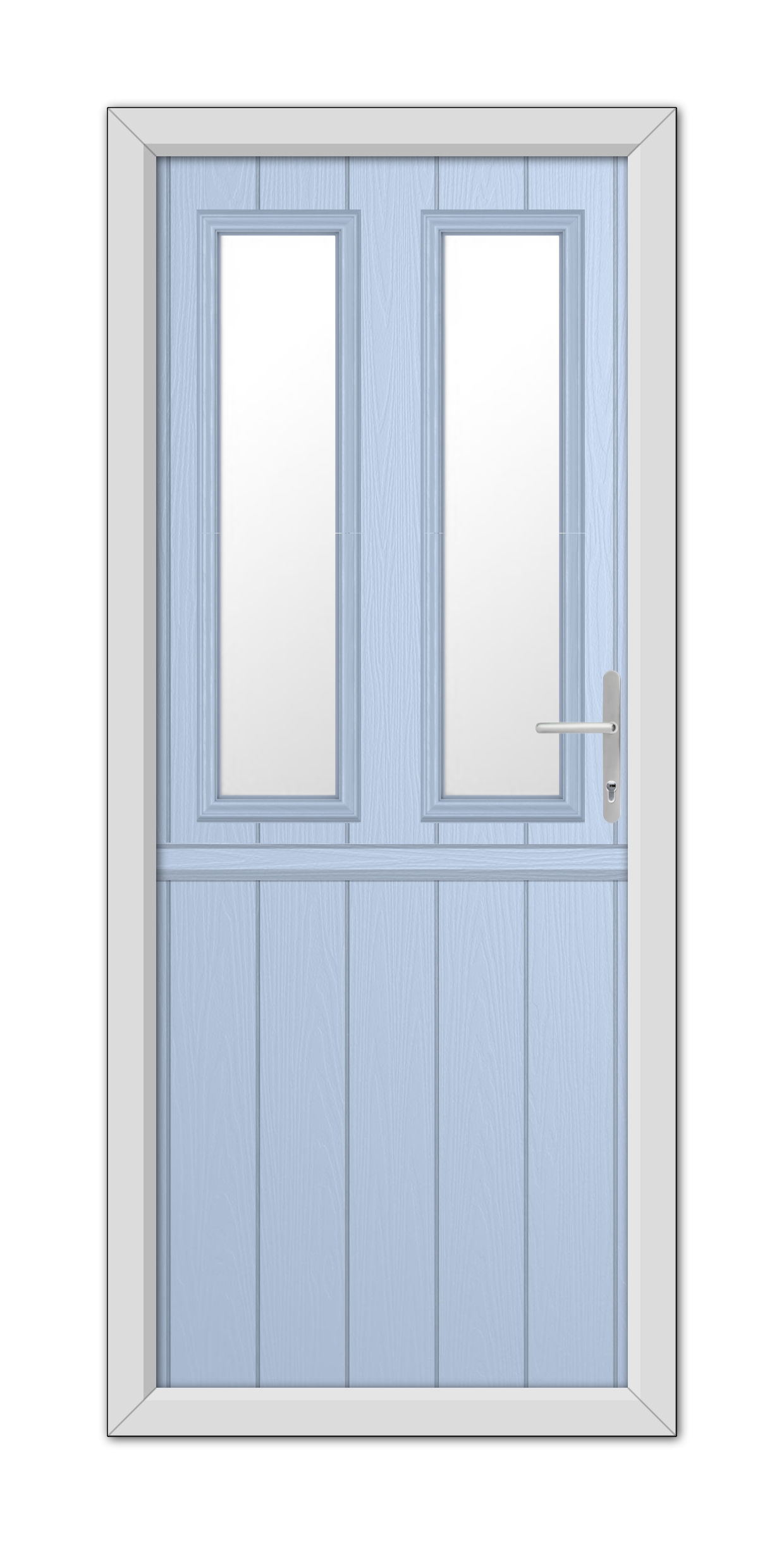 Duck Egg Blue Wellington Stable Composite Door with white frame, featuring upper windows and a modern handle.