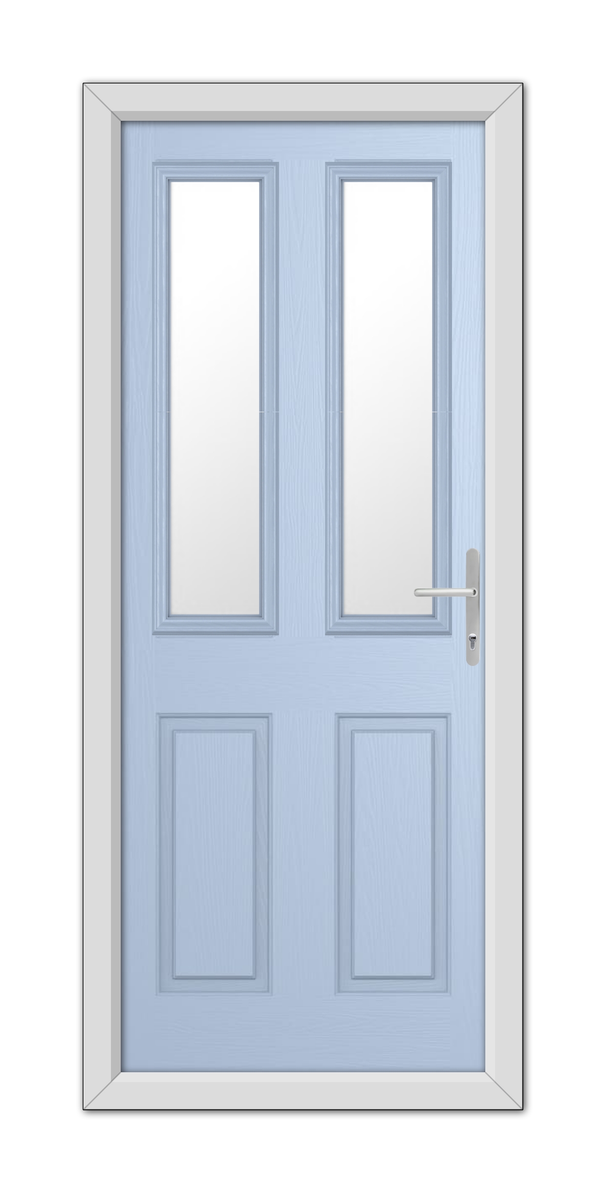 A Duck Egg Blue Whitmore Composite Door 48mm Timber Core with rectangular panels and glass top halves, featuring a silver handle on the right, set in a white frame.