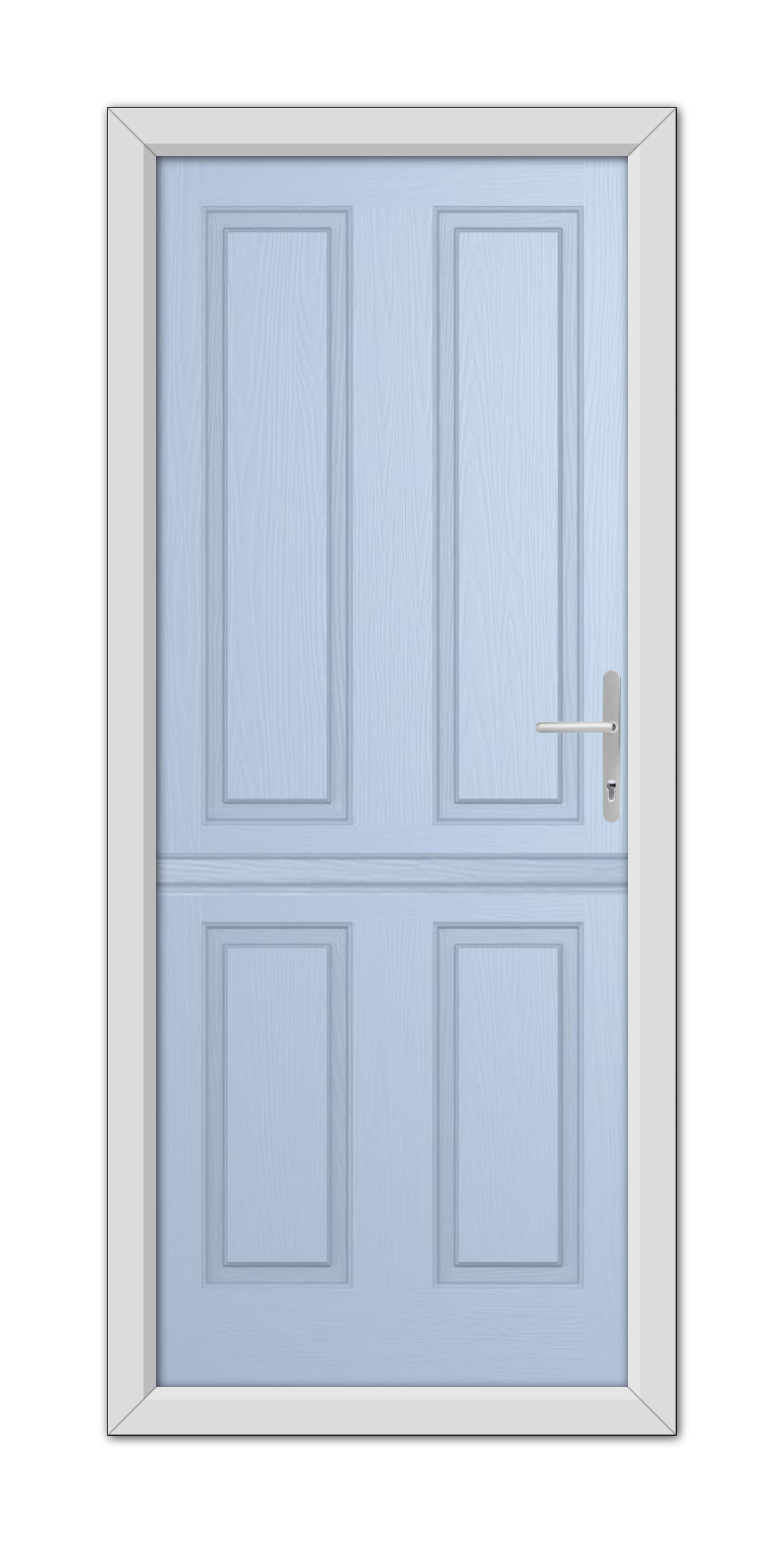 A Duck Egg Blue Whitmore Solid Stable Composite Door 48mm Timber Core with four panels, a silver handle on the right side, and a white frame, isolated on a white background.