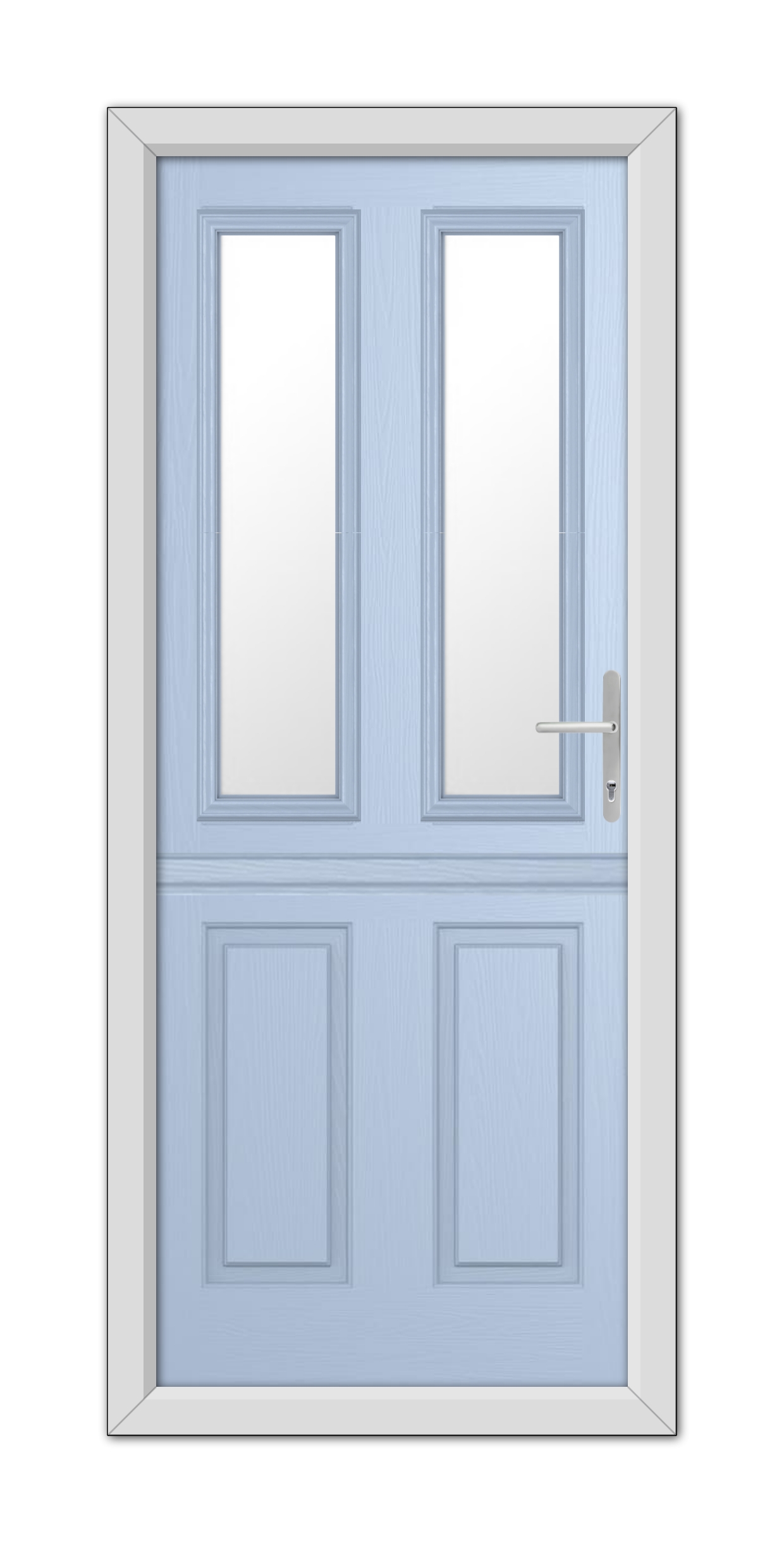 A Duck Egg Blue Whitmore Stable Composite Door 48mm Timber Core with rectangular white panels and a metallic handle, framed by a simple white border.