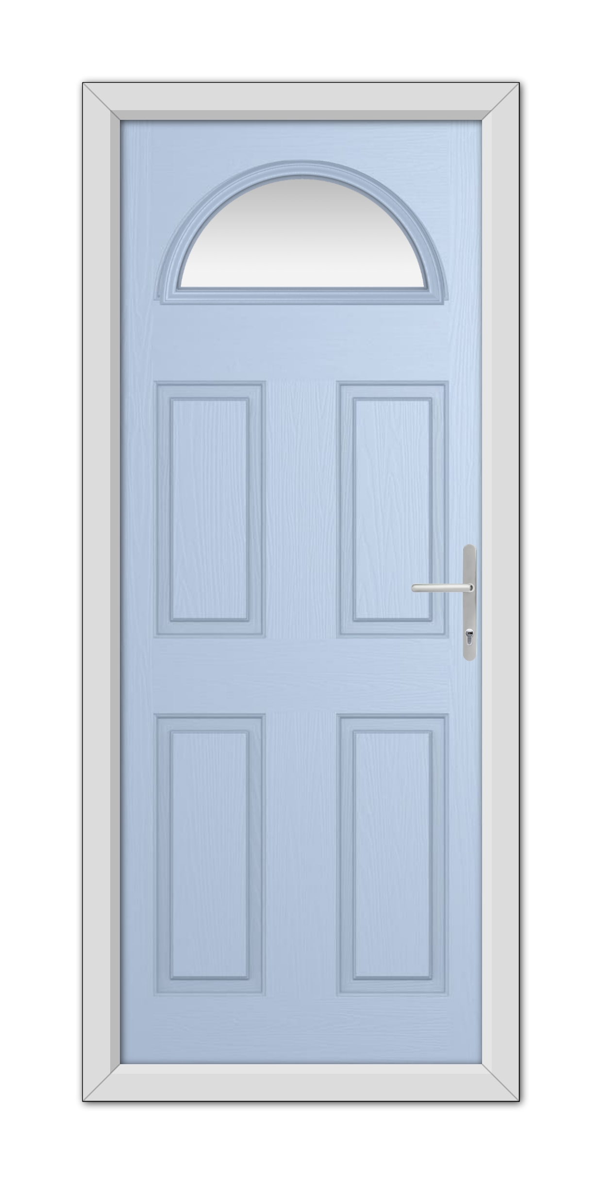 A Duck Egg Blue Winslow 1 Composite Door 48mm Timber Core with six panels and an arched window at the top, featuring a silver handle on the right side.