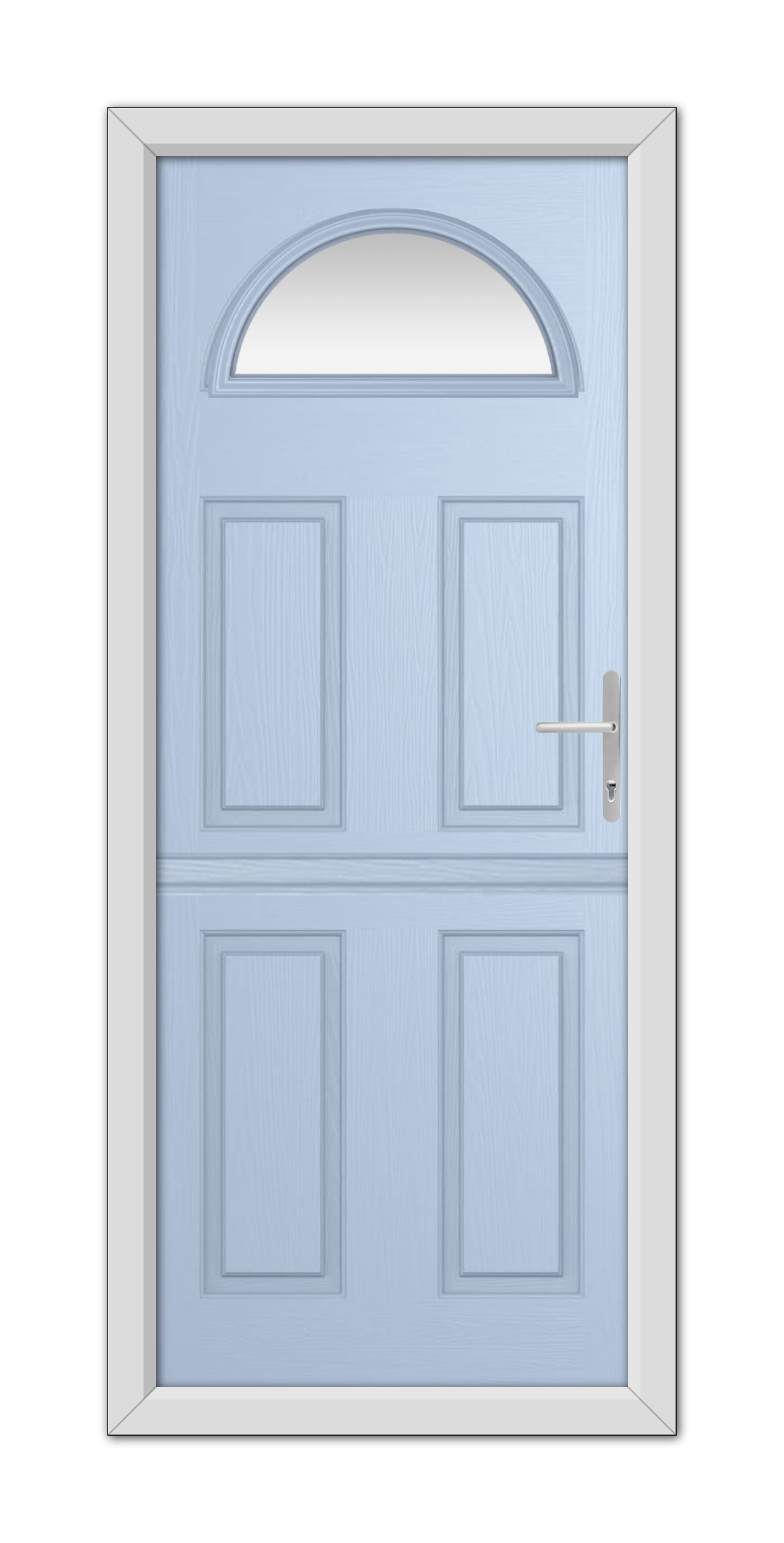 A closed Duck Egg Blue Winslow 1 Stable Composite door with six panels and a semi-circular window at the top, featuring a silver handle on the right side.