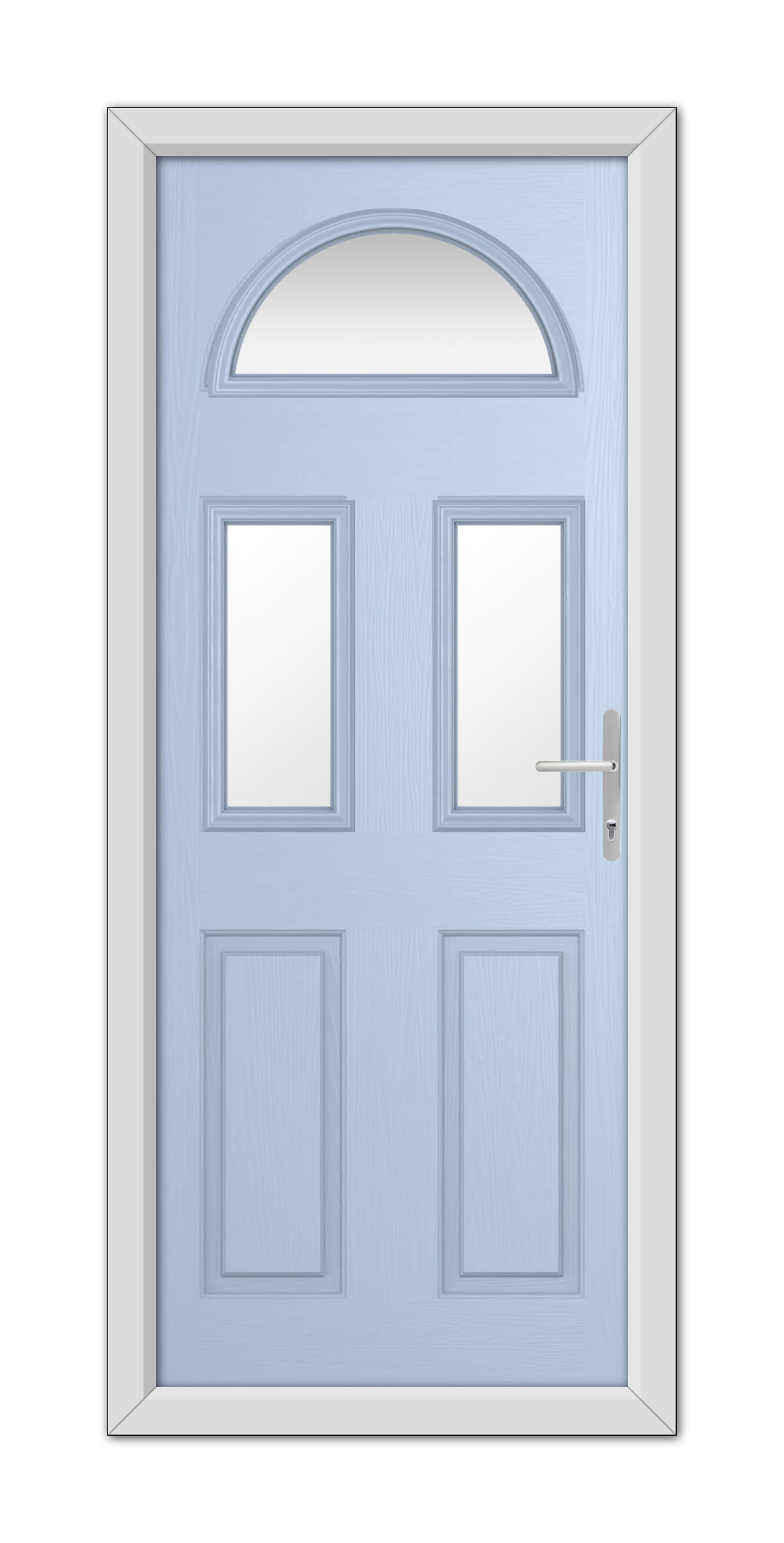 Duck Egg Blue Winslow 3 Composite Door with an arched window at the top, four recessed panels, and a modern handle, set within a white frame.