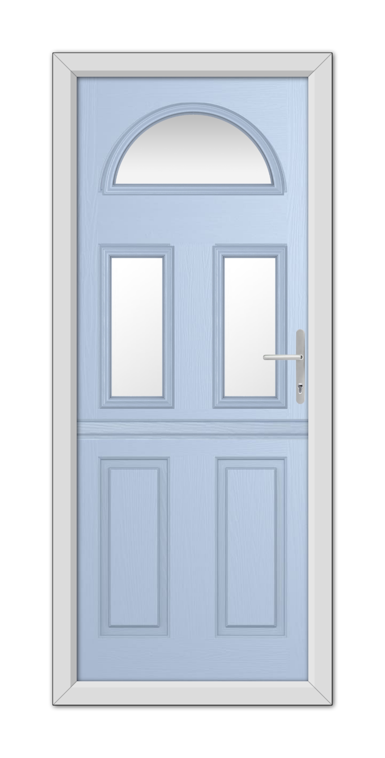 Duck Egg Blue Winslow 3 Stable Composite Door with an arched window at the top, two square windows in the middle, and a silver handle on the right side.