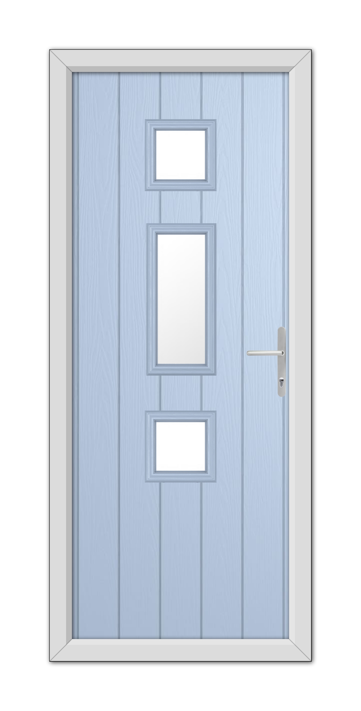 A Duck Egg Blue York Composite Door 48mm Timber Core with three rectangular windows and a modern silver handle, framed within a white doorframe.