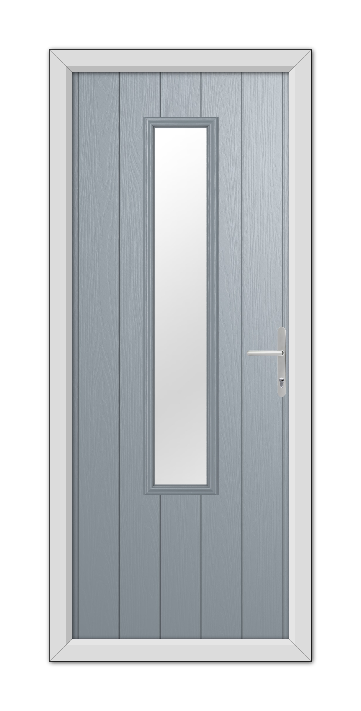 A modern French Grey Abercorn Composite Door with a vertical rectangular window and white frame, featuring a sleek silver handle on the right side.