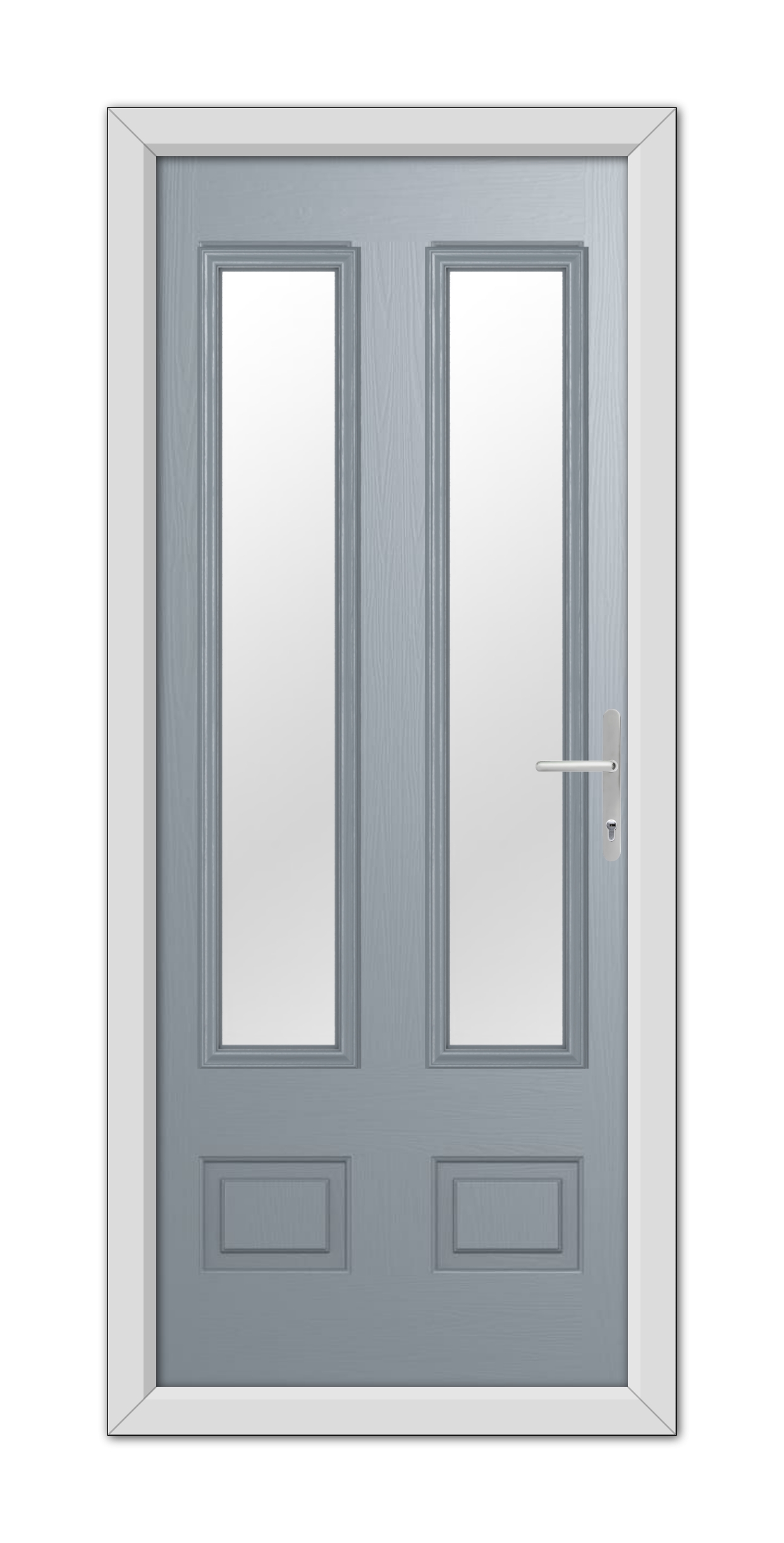 A modern French Grey Aston Glazed 2 Composite Door 48mm Timber Core with white trim, featuring vertical rectangular windows and a metallic handle on the right.