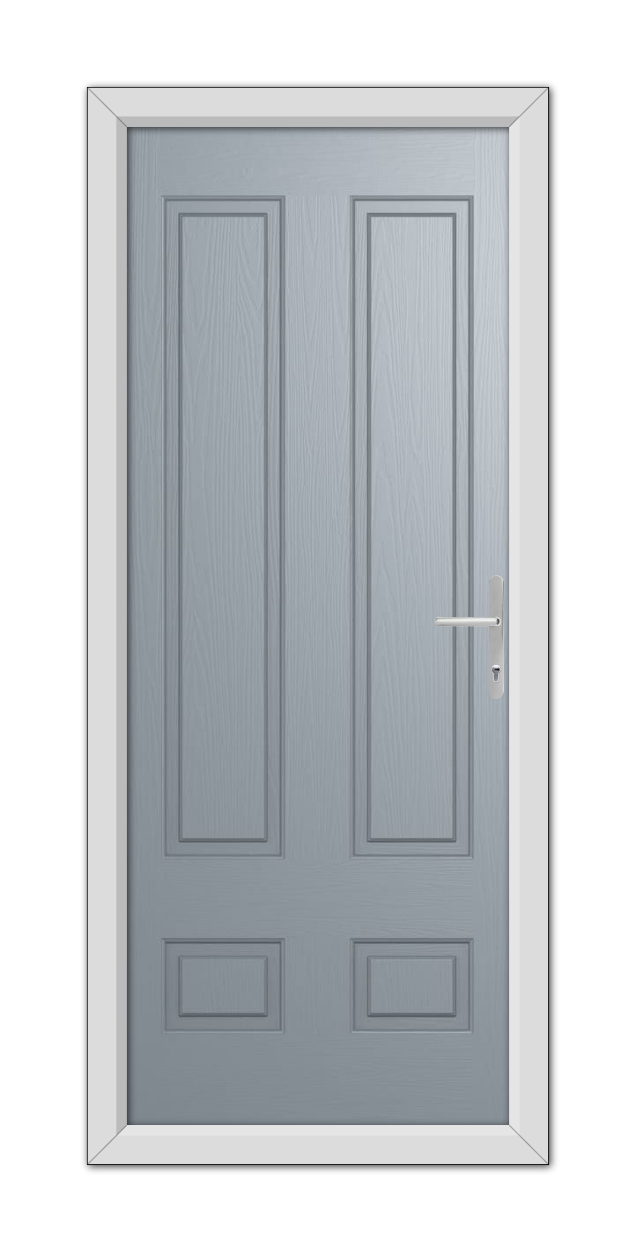 A modern French Grey Aston Solid Composite Door 48mm Timber Core with a silver handle, set within a white door frame, shown in a frontal view.