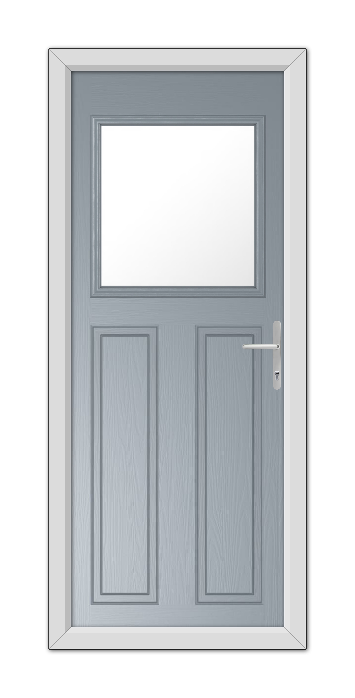 A modern French Grey Axwell Composite Door 48mm Timber Core featuring a top window and a metal handle, set within a white frame, isolated on a white background.