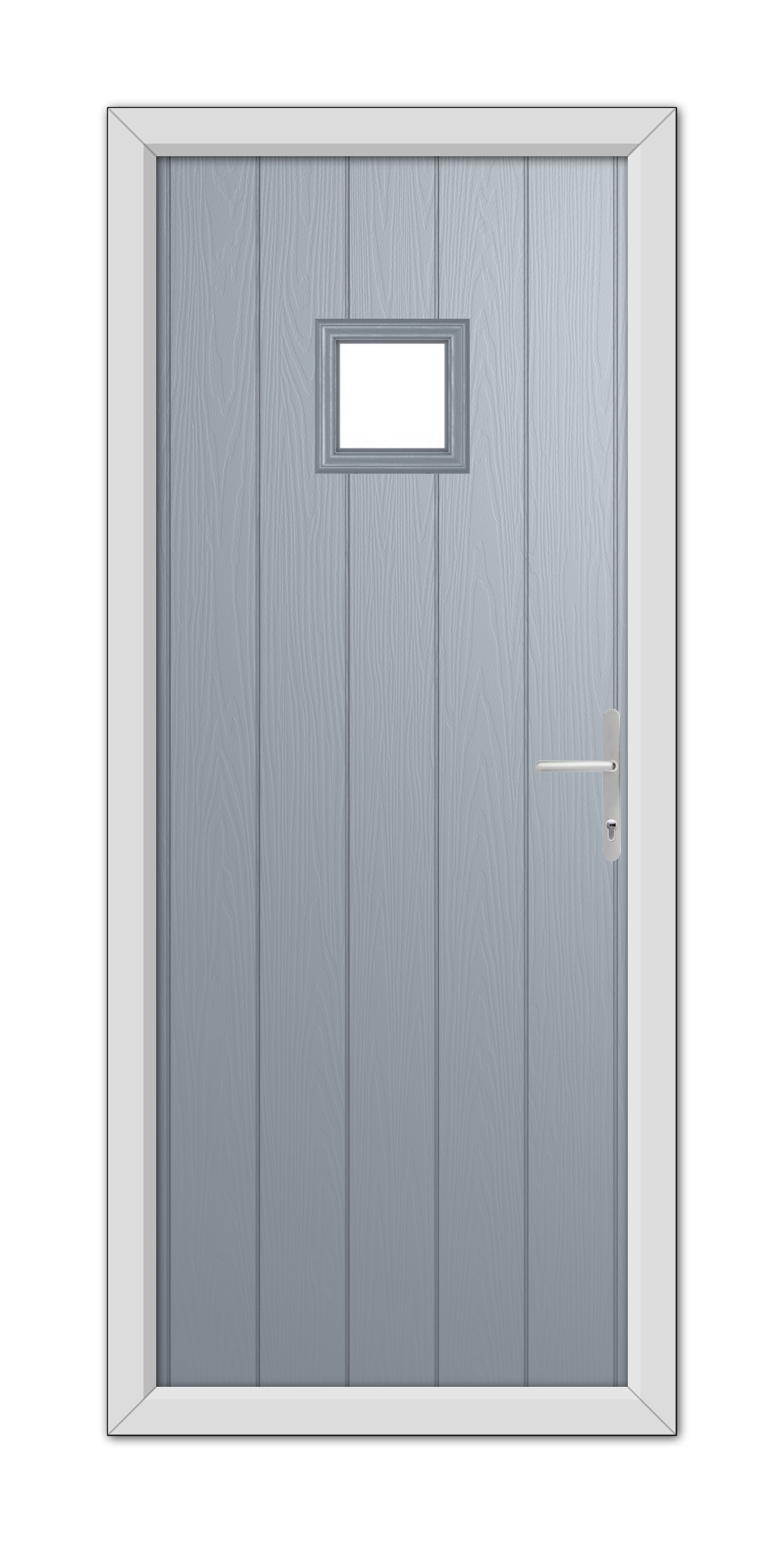 A French Grey Brampton Composite Door 48mm Timber Core featuring vertical panels, a small square window, and a metallic handle, set within a white door frame.