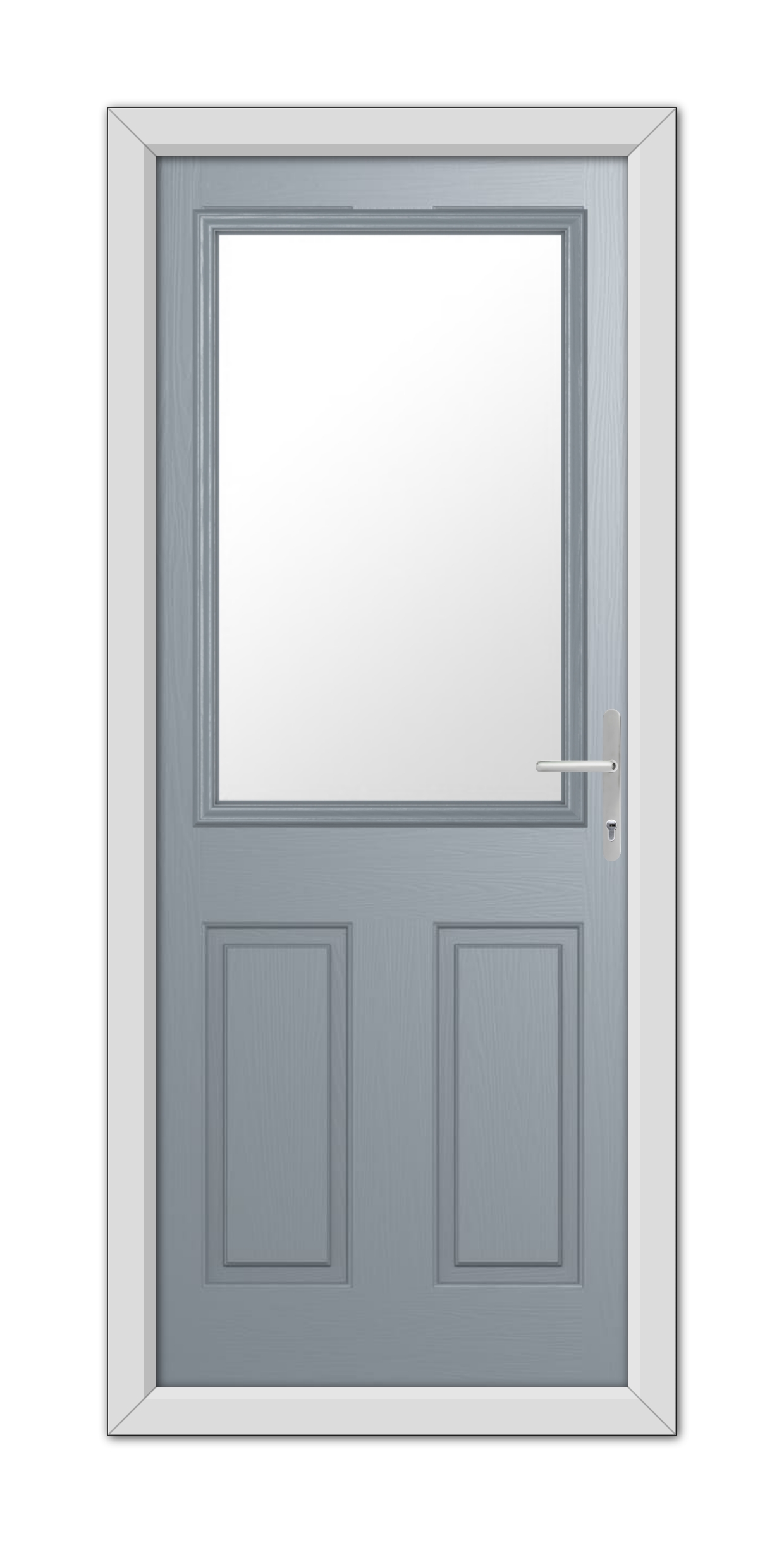 A modern French Grey Buxton Composite Door 48mm Timber Core with a rectangular window and a silver handle, set within a white frame.