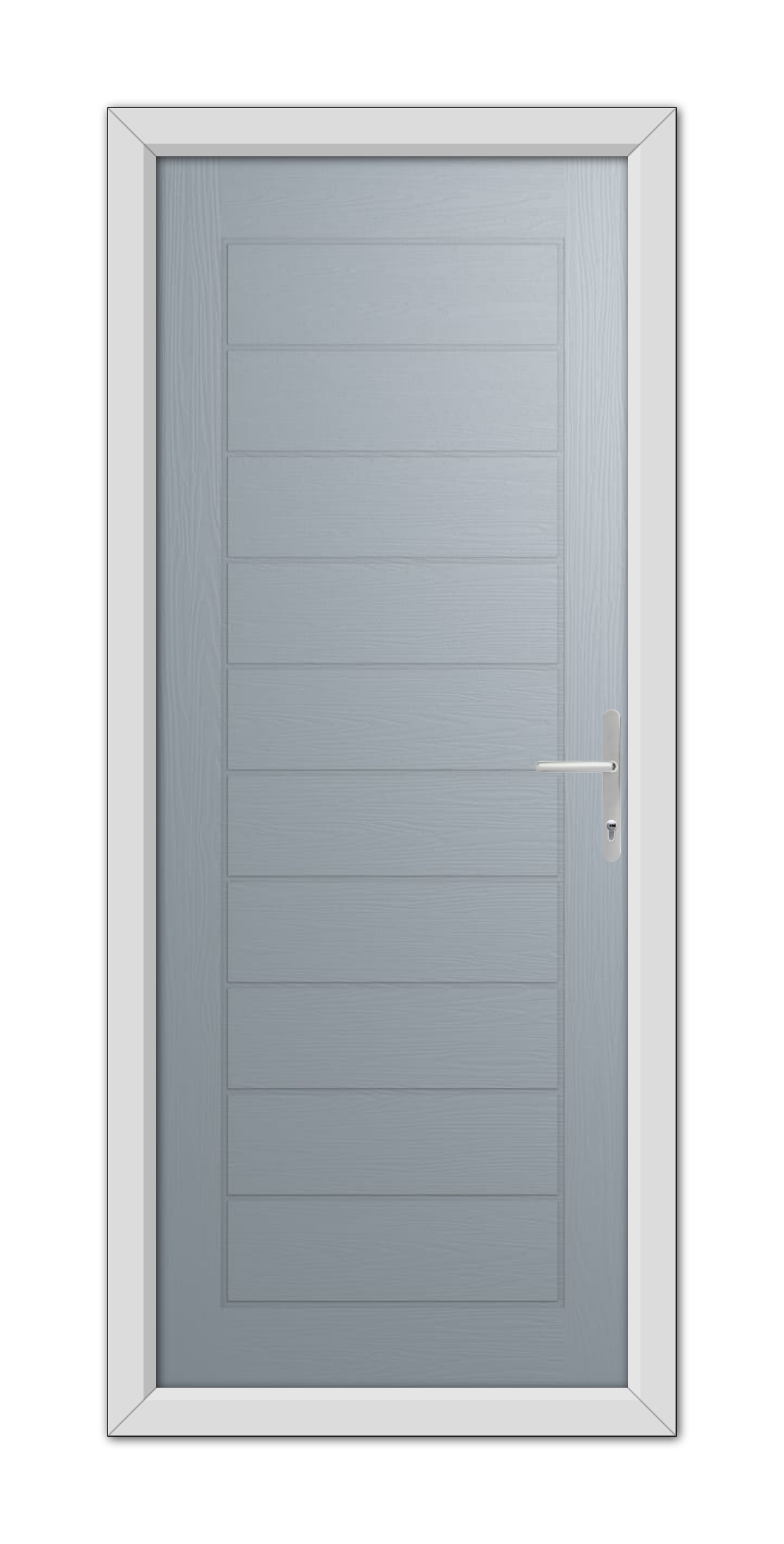 A modern French Grey Cambridge Composite Door 48mm Timber Core with horizontal panels and a metal handle, set in a white frame, isolated on a white background.